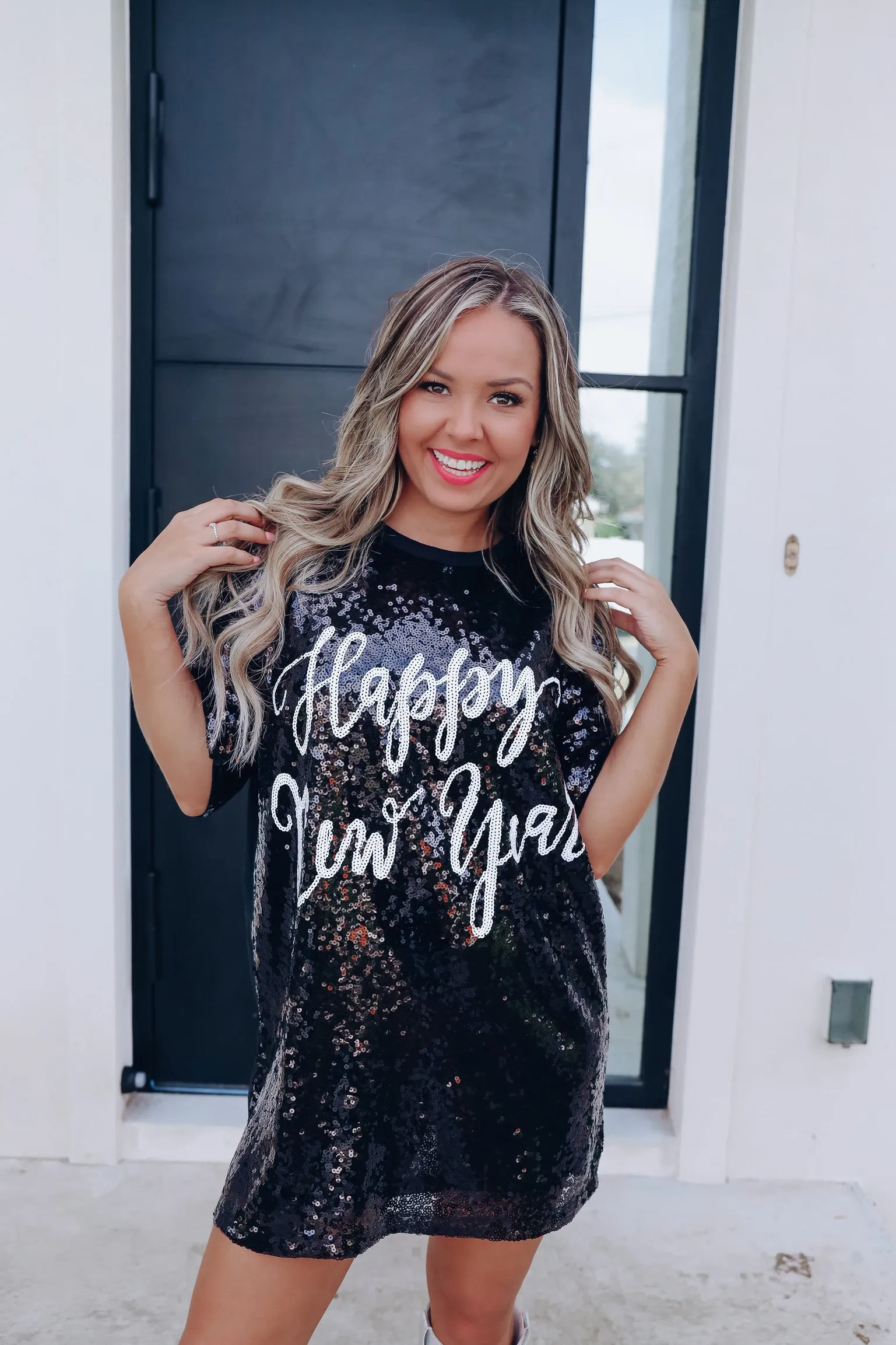 "New Years" Sequin T-Shirt Dress - Black