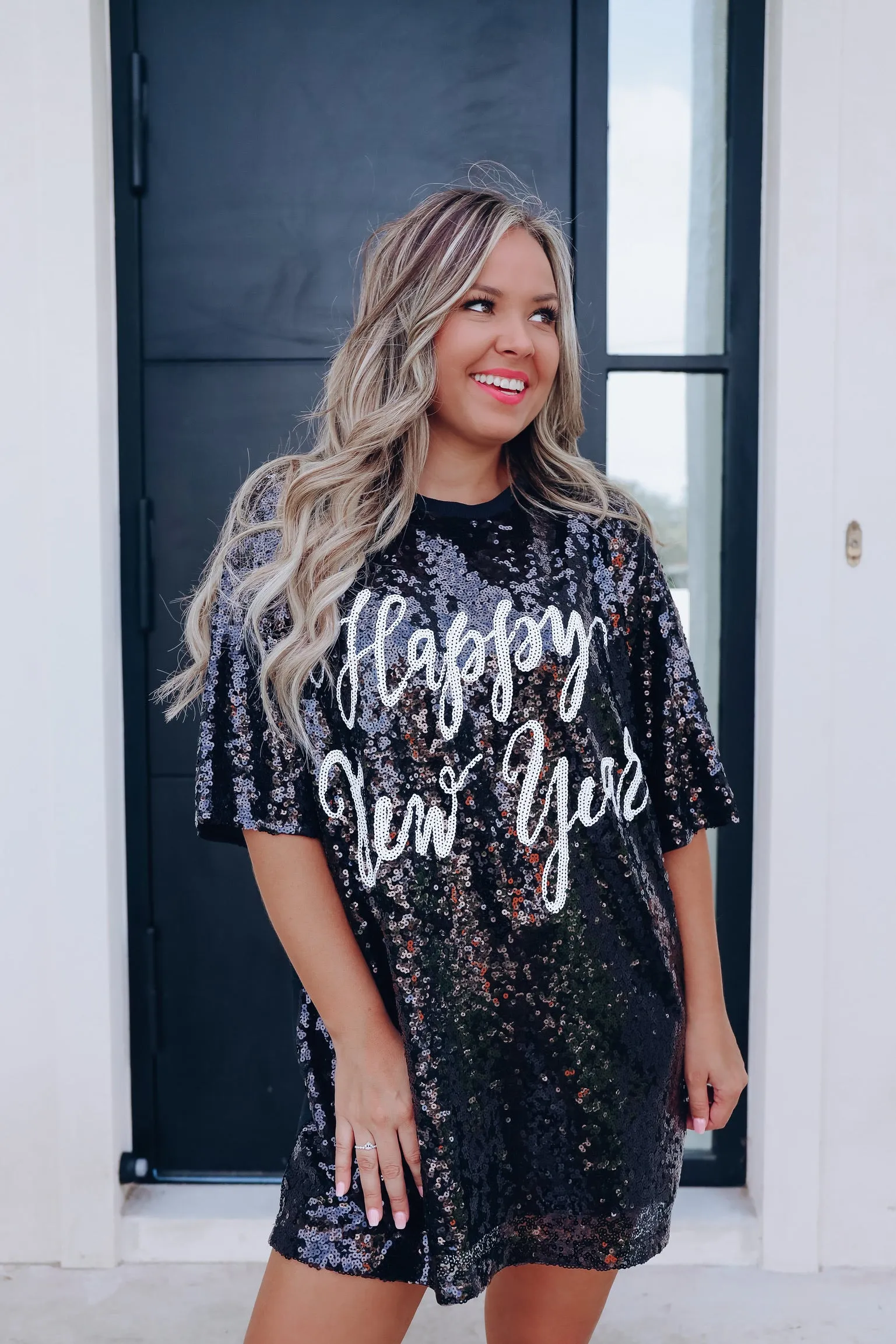 "New Years" Sequin T-Shirt Dress - Black