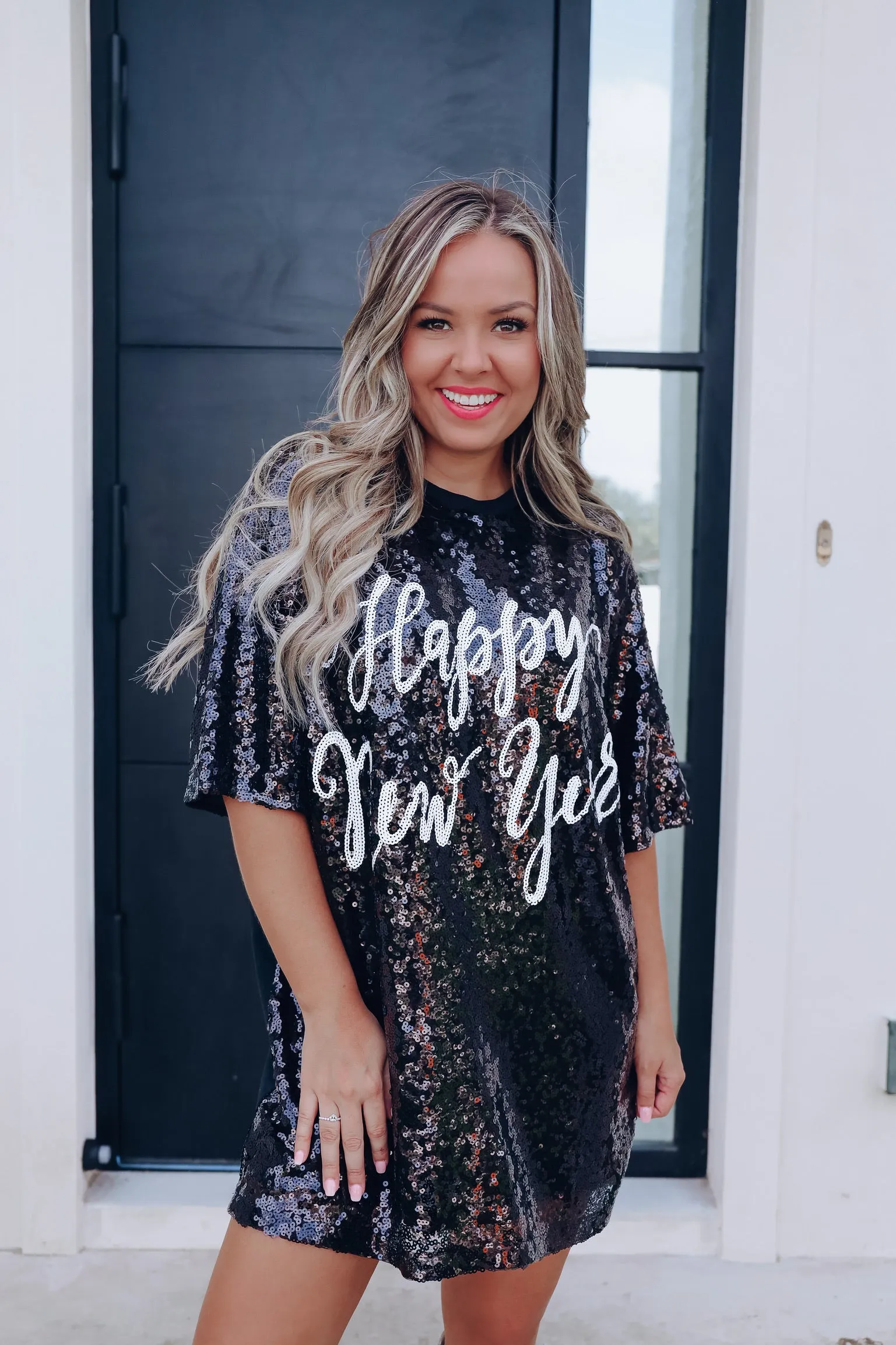 "New Years" Sequin T-Shirt Dress - Black
