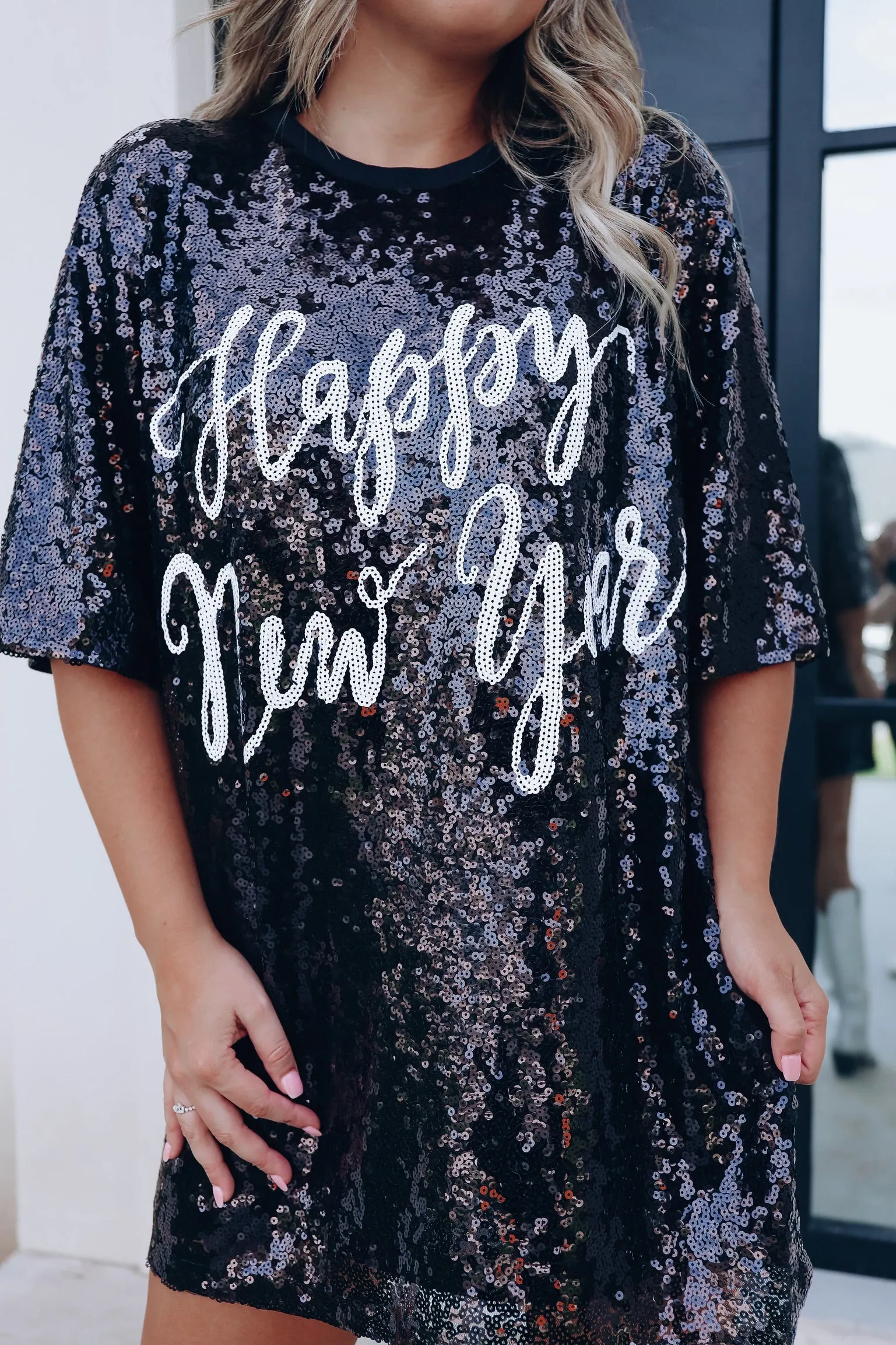"New Years" Sequin T-Shirt Dress - Black