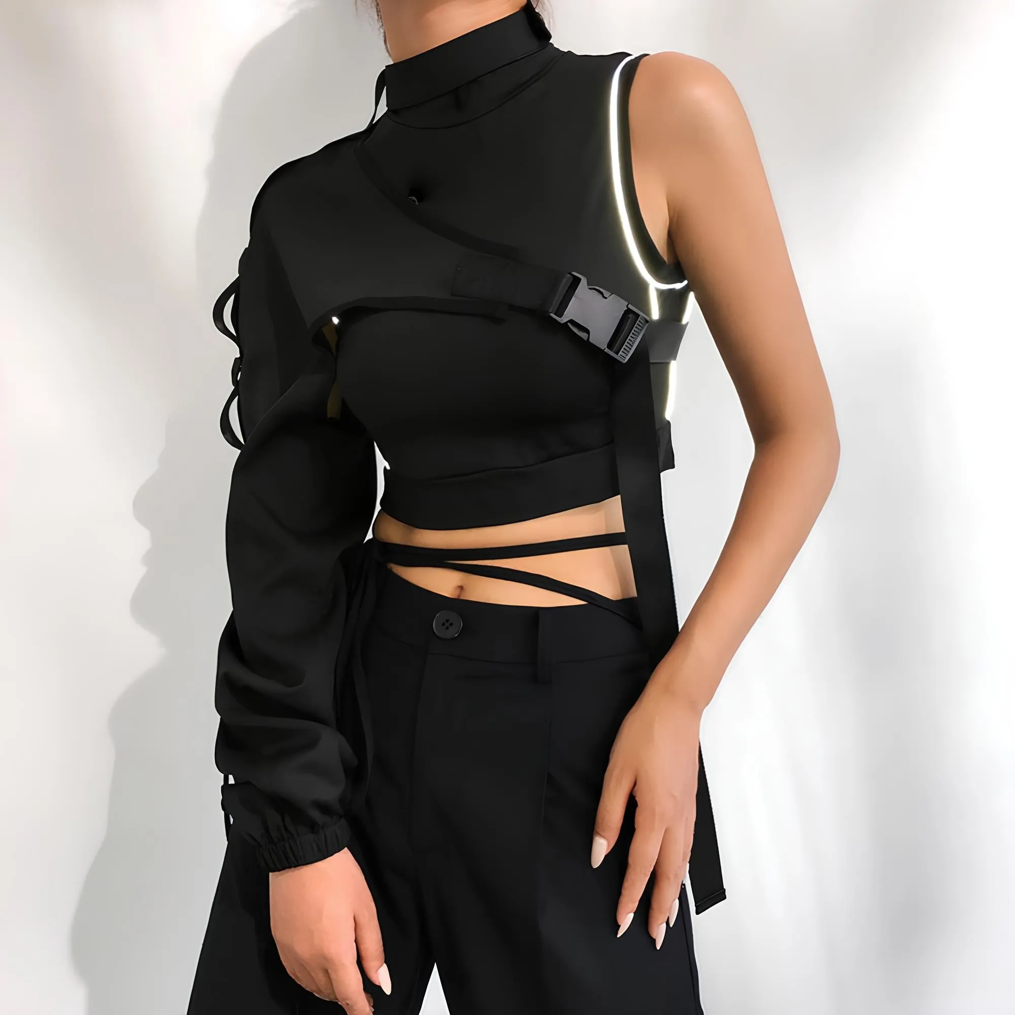 Reflective Harajuku Punk One-Shoulder Crop Top