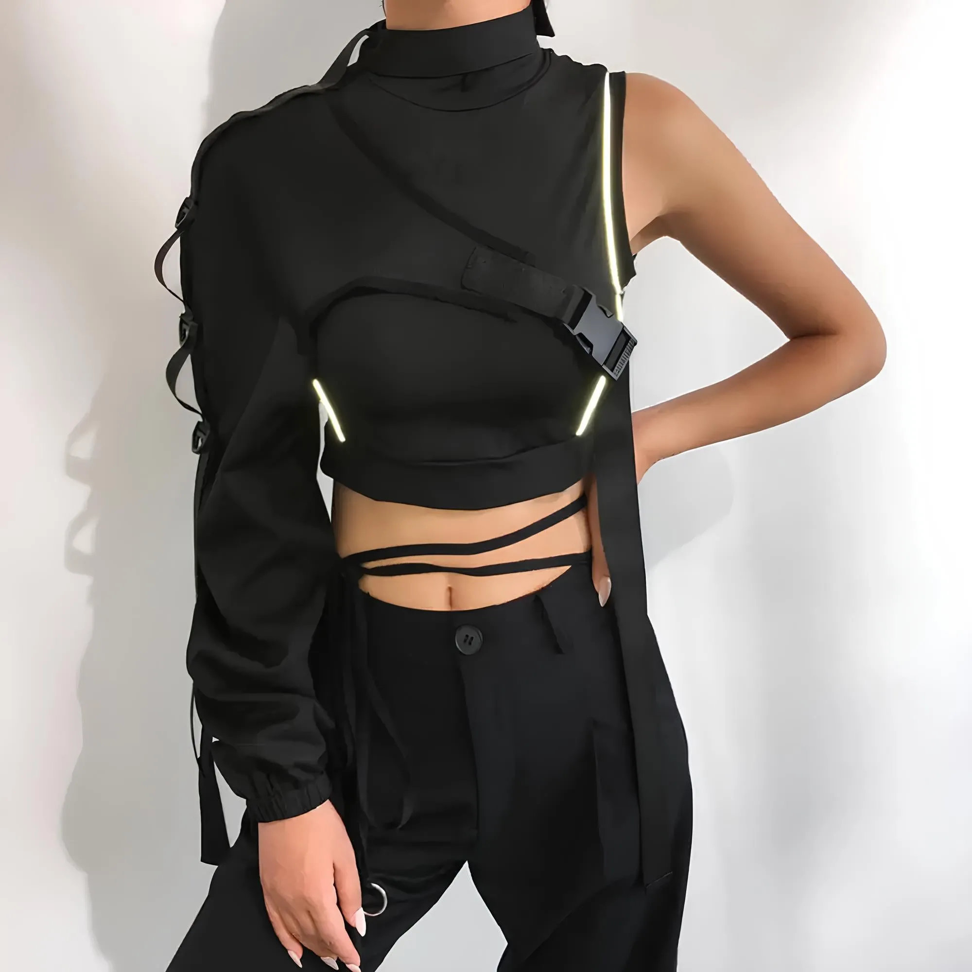 Reflective Harajuku Punk One-Shoulder Crop Top