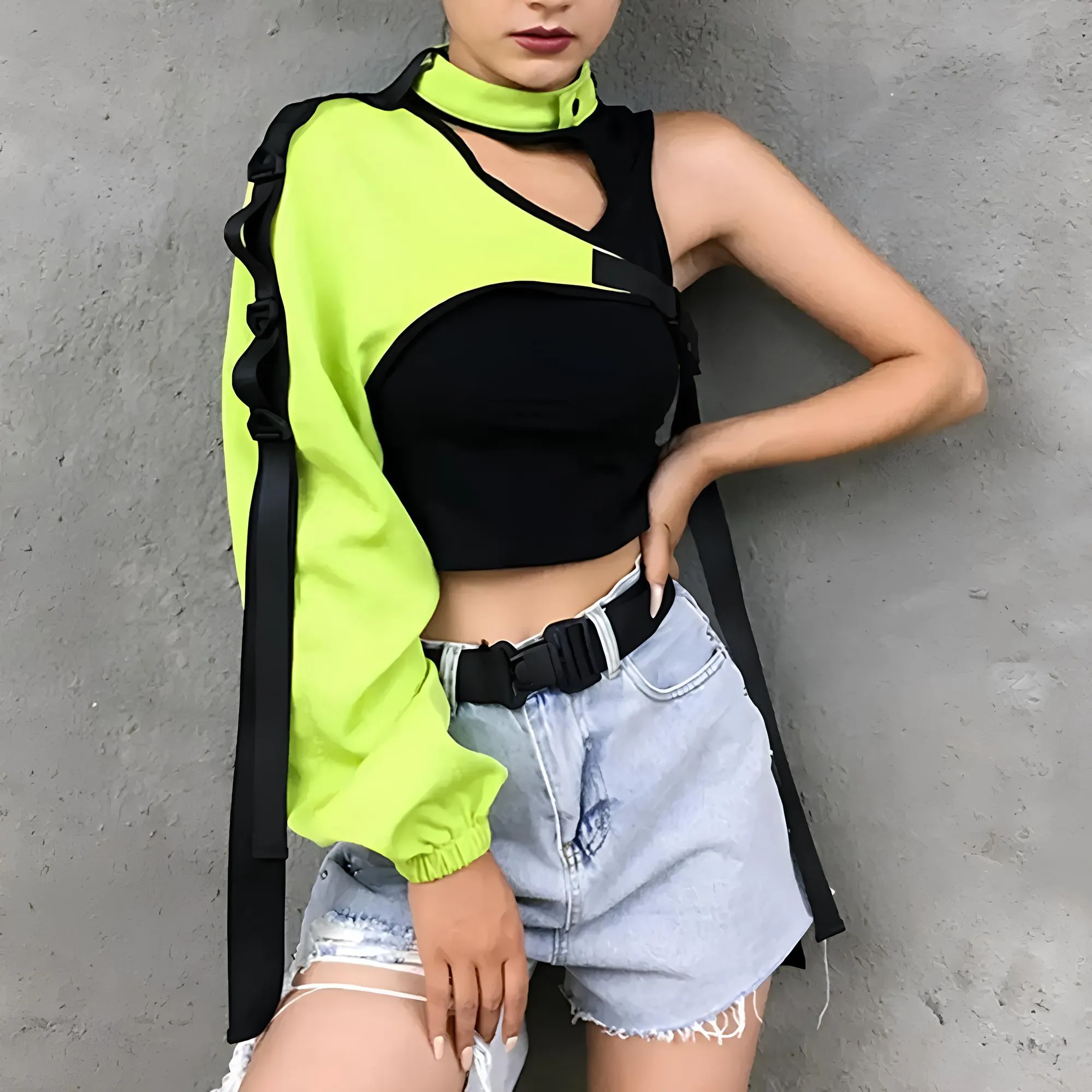 Reflective Harajuku Punk One-Shoulder Crop Top
