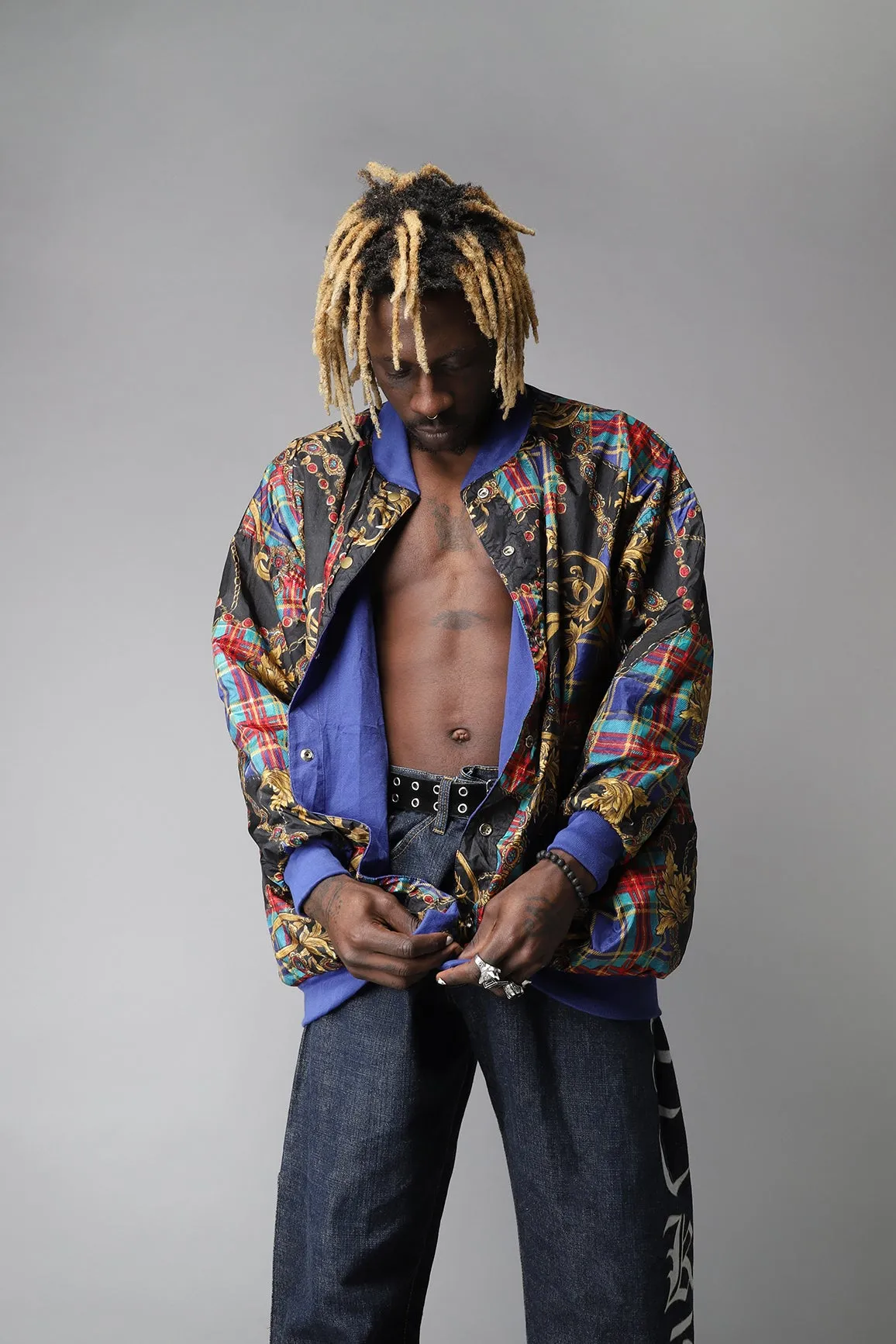 Reversible multicolour '80s crazy pattern bomber