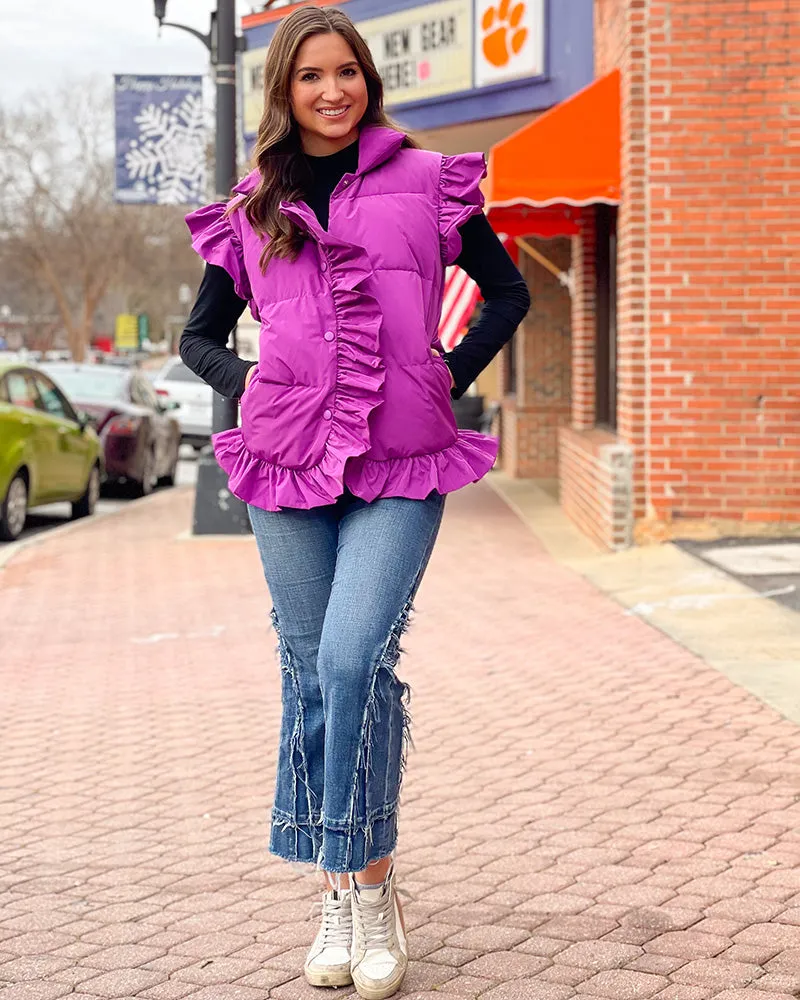 Ruffle Sleeve Puffer Vest - Purple