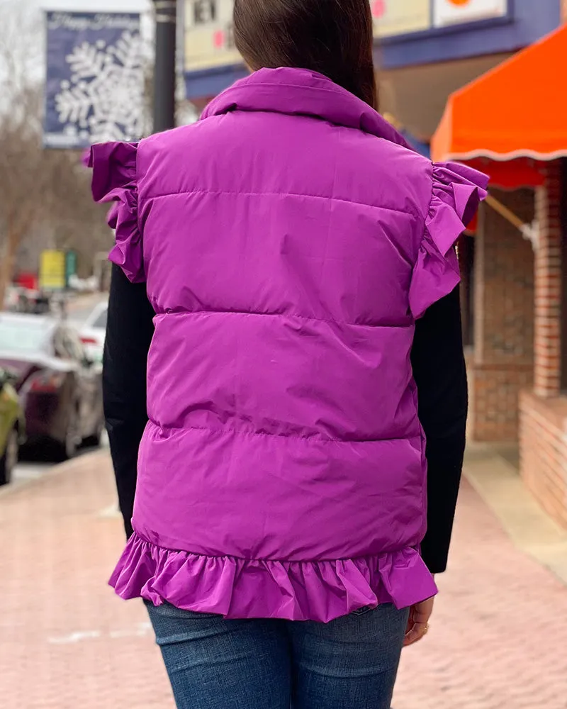 Ruffle Sleeve Puffer Vest - Purple
