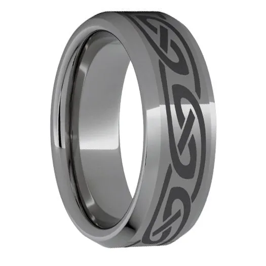 Rugged Tungsten Beveled Edge Polished Band with Knot Laser Engraving