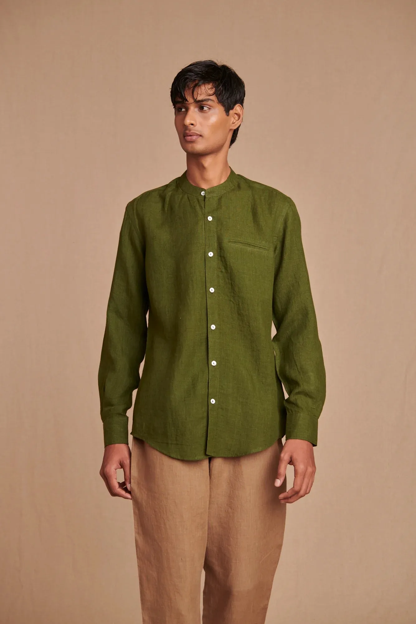 Safari Linen Men's Band Collar Shirt - Slim Fit