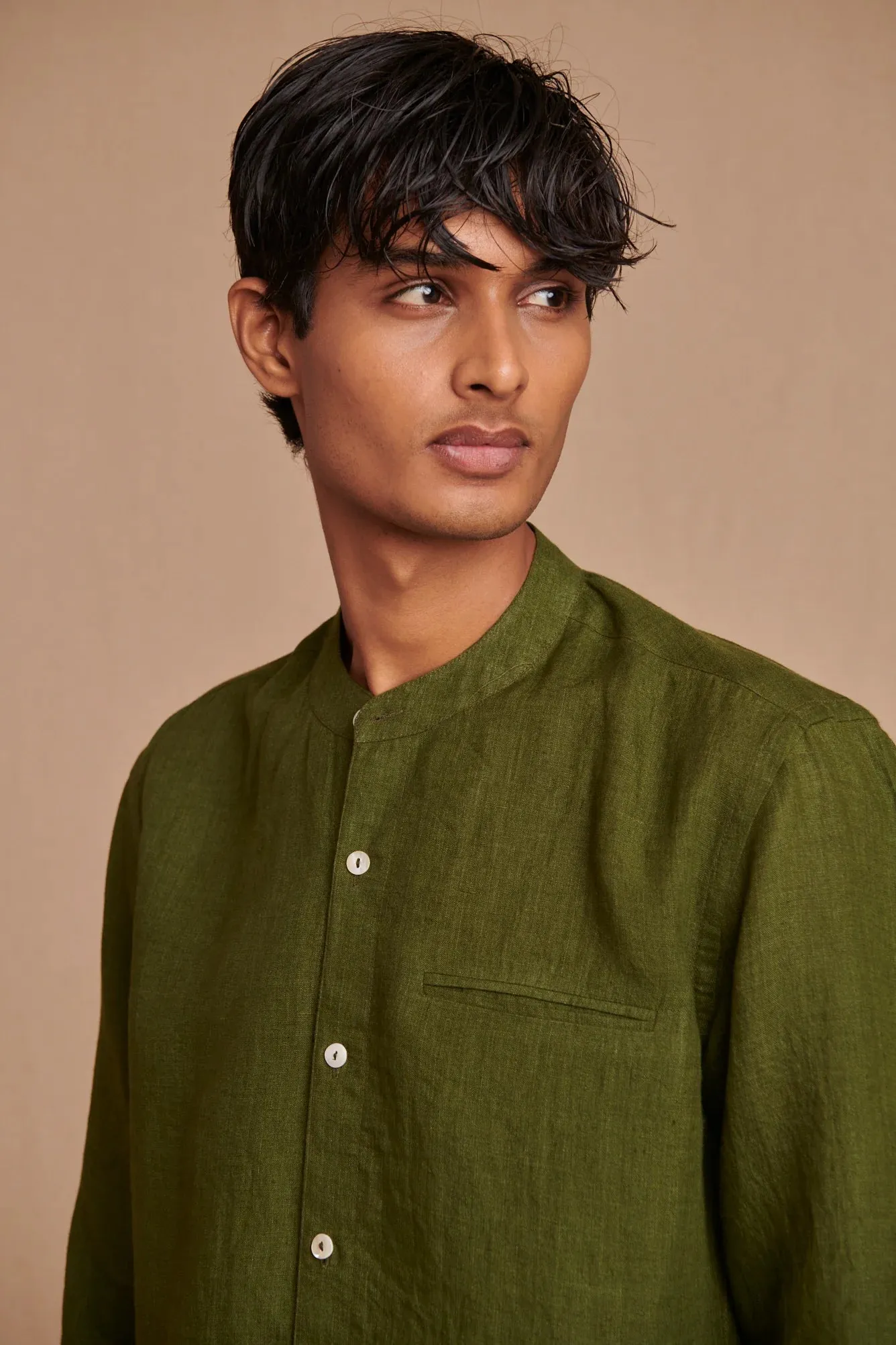 Safari Linen Men's Band Collar Shirt - Slim Fit