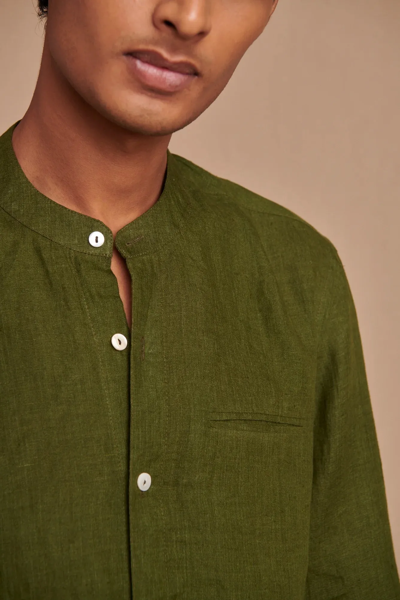 Safari Linen Men's Band Collar Shirt - Slim Fit