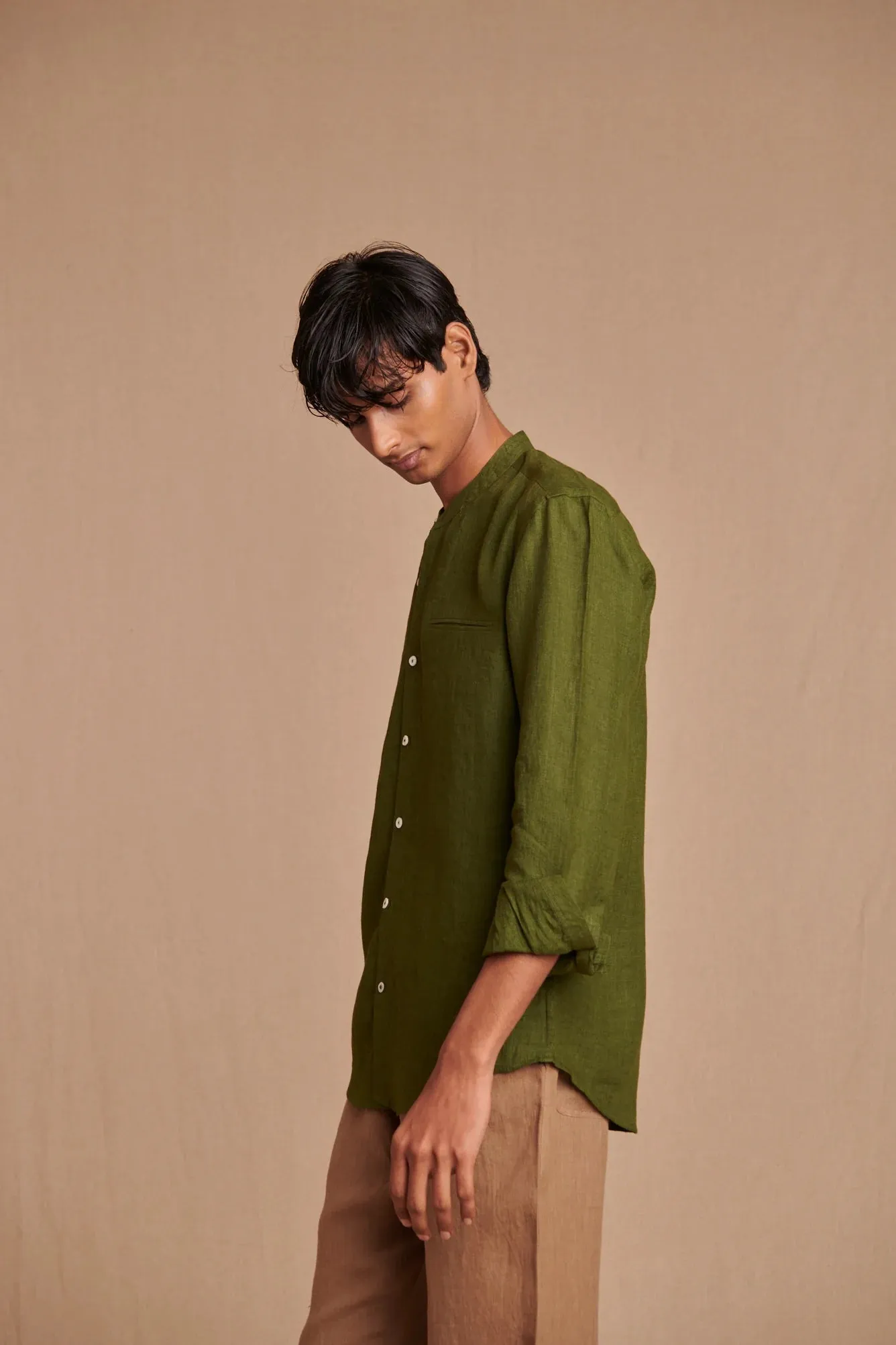 Safari Linen Men's Band Collar Shirt - Slim Fit