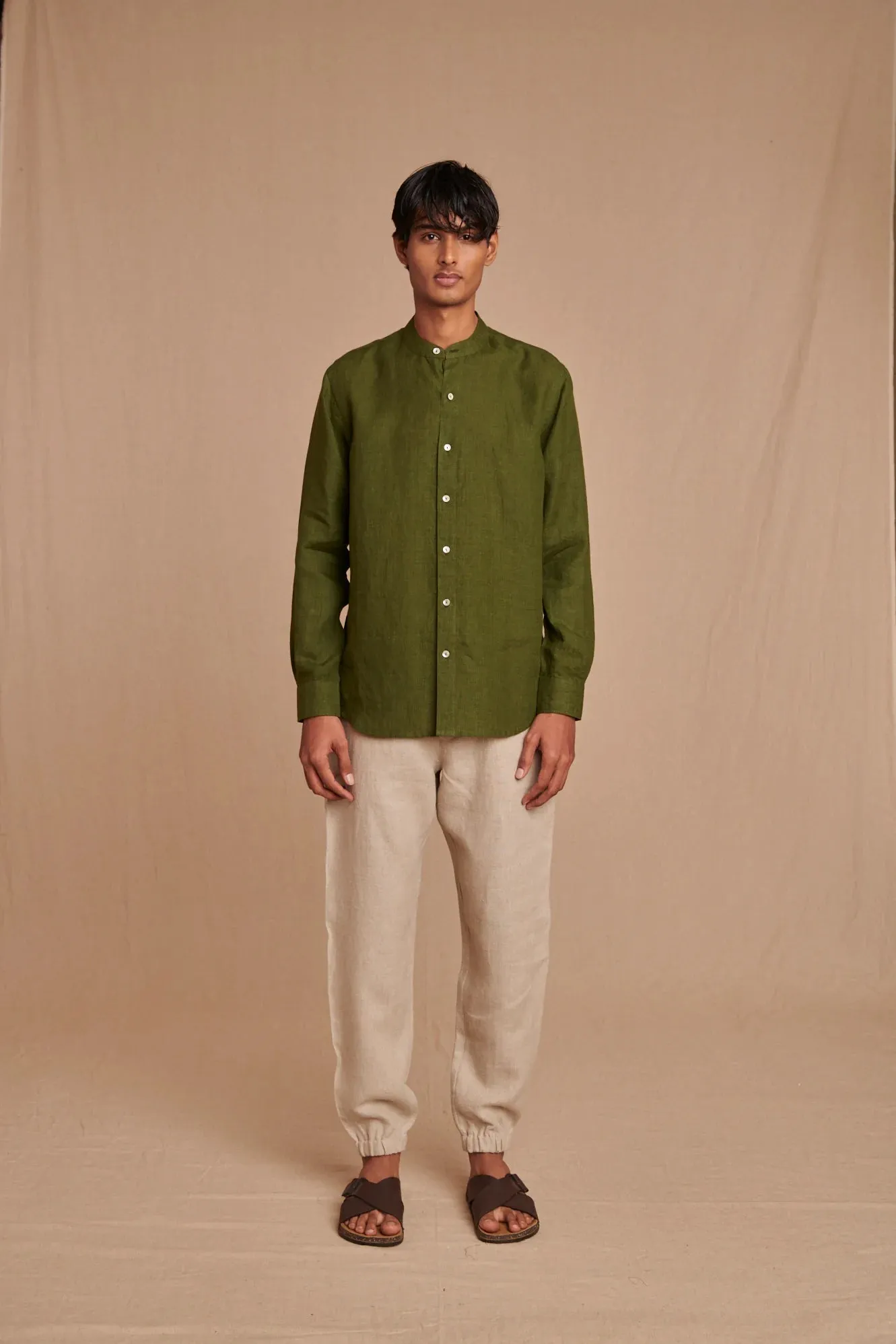 Safari Linen Men's Band Collar Shirt