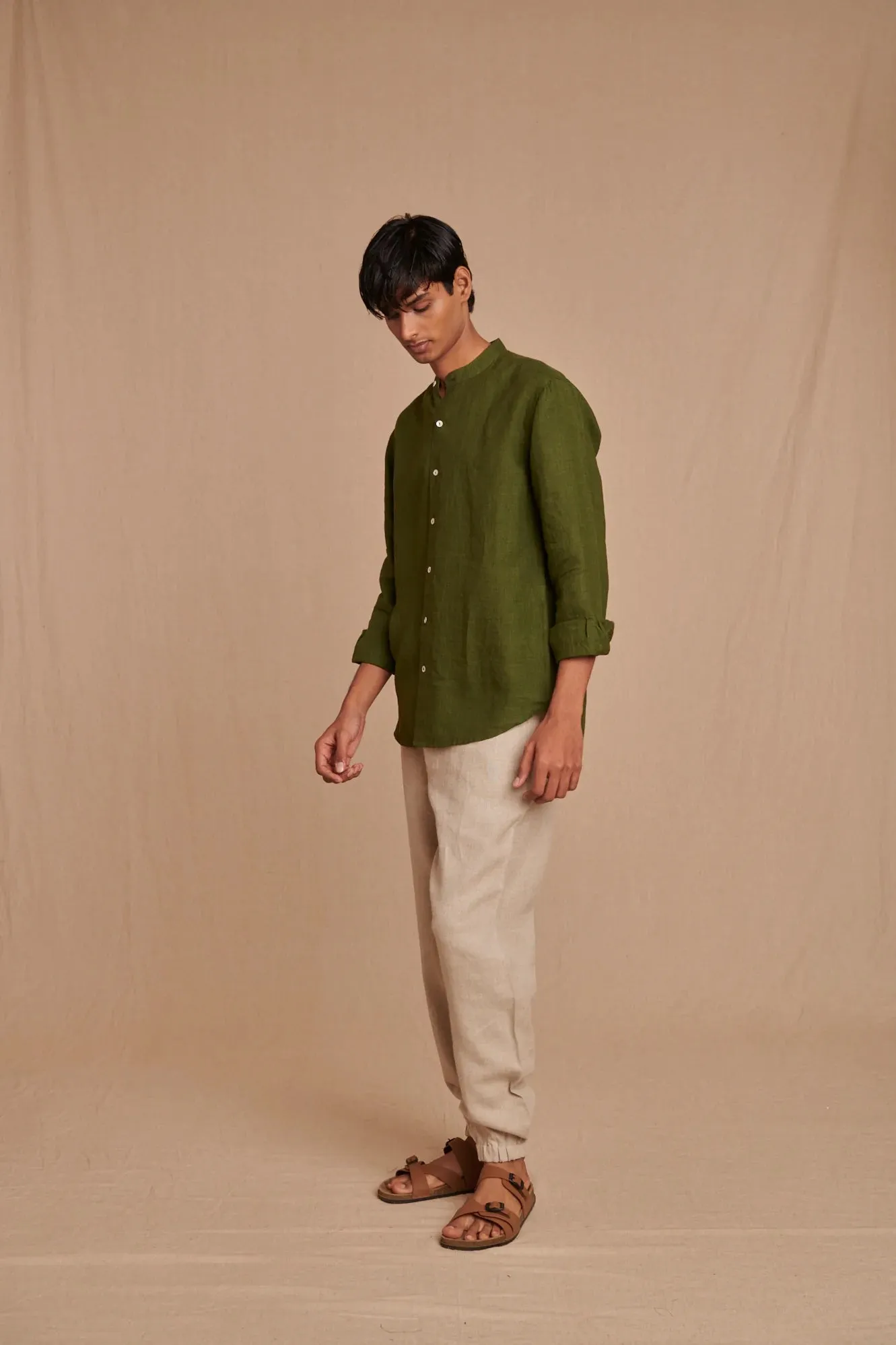 Safari Linen Men's Band Collar Shirt