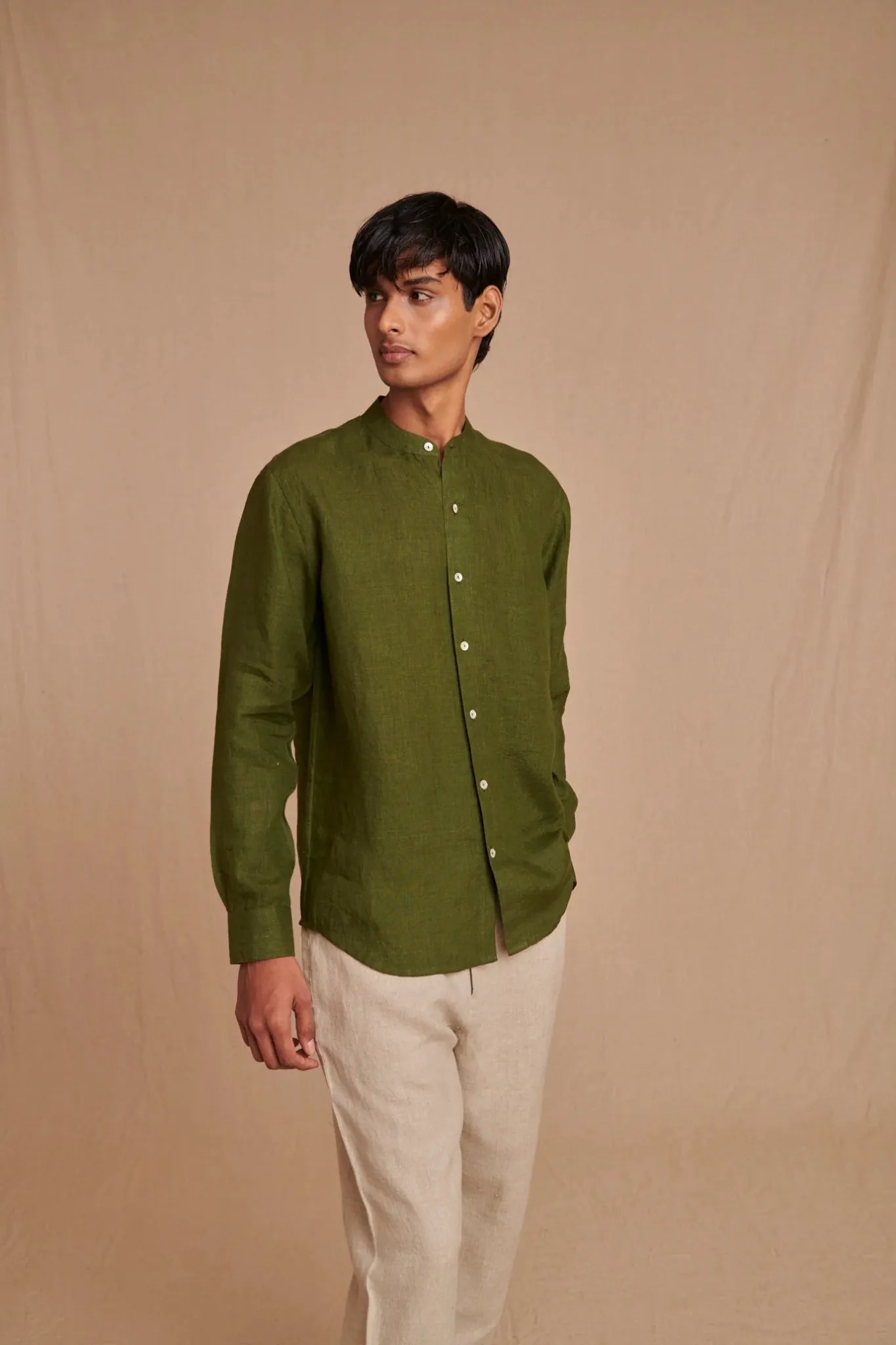 Safari Linen Men's Band Collar Shirt