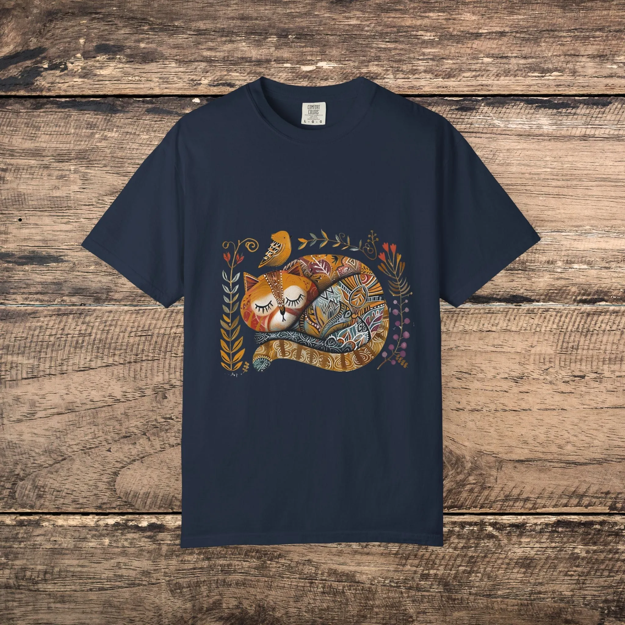 Scandinavian Folk Art Cat & Bird T-Shirt - Comfort Colors Tee, Soft Comfy Shirt