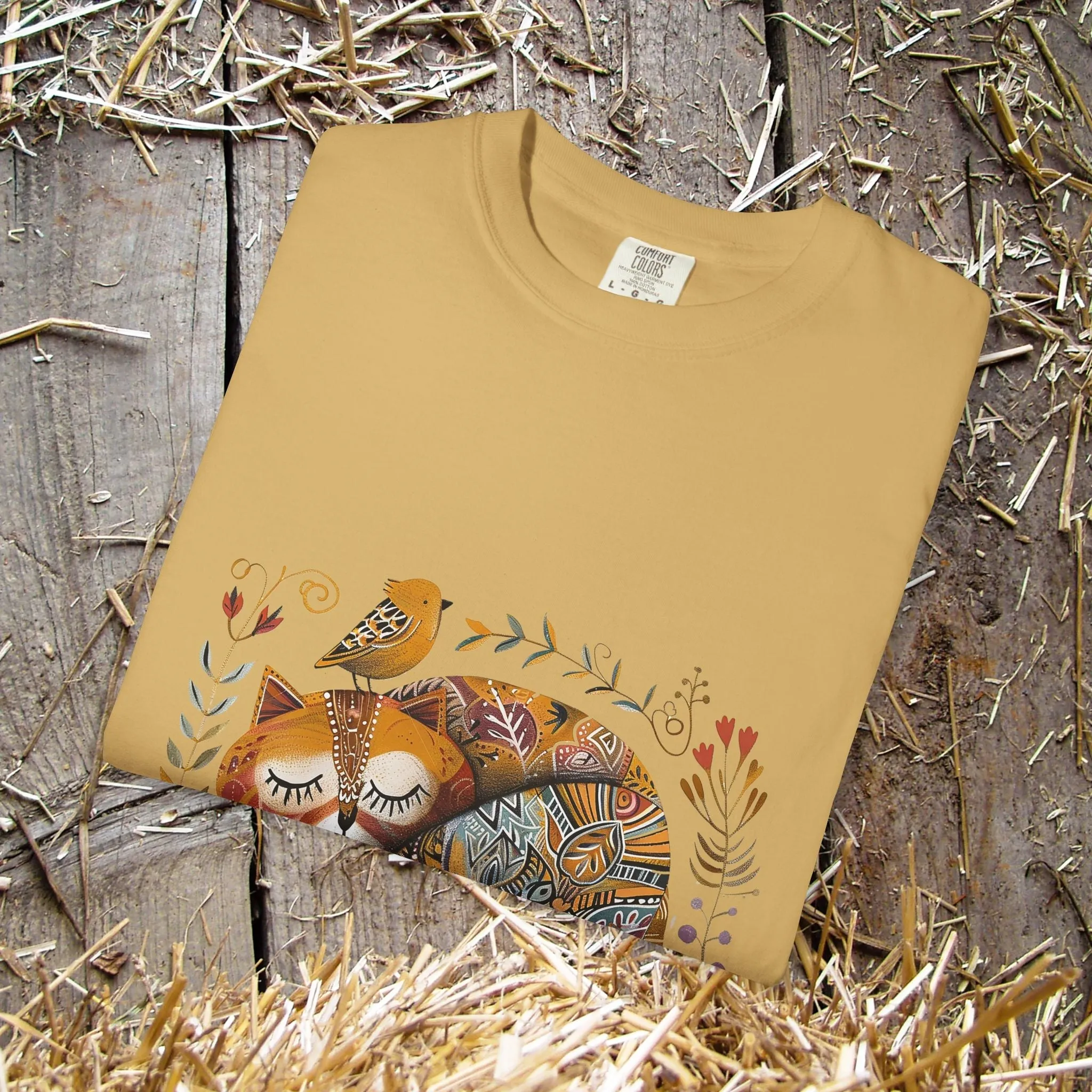 Scandinavian Folk Art Cat & Bird T-Shirt - Comfort Colors Tee, Soft Comfy Shirt