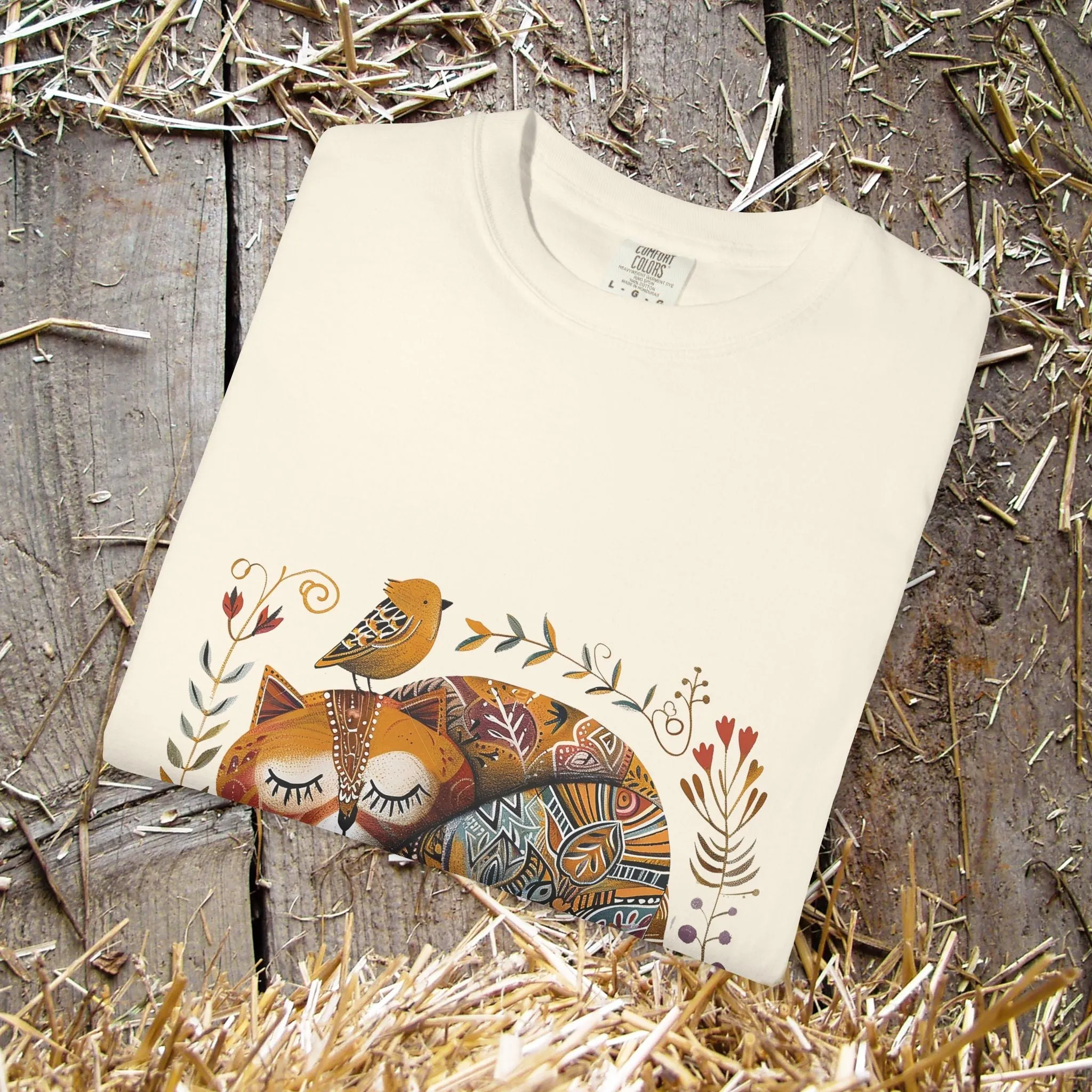 Scandinavian Folk Art Cat & Bird T-Shirt - Comfort Colors Tee, Soft Comfy Shirt