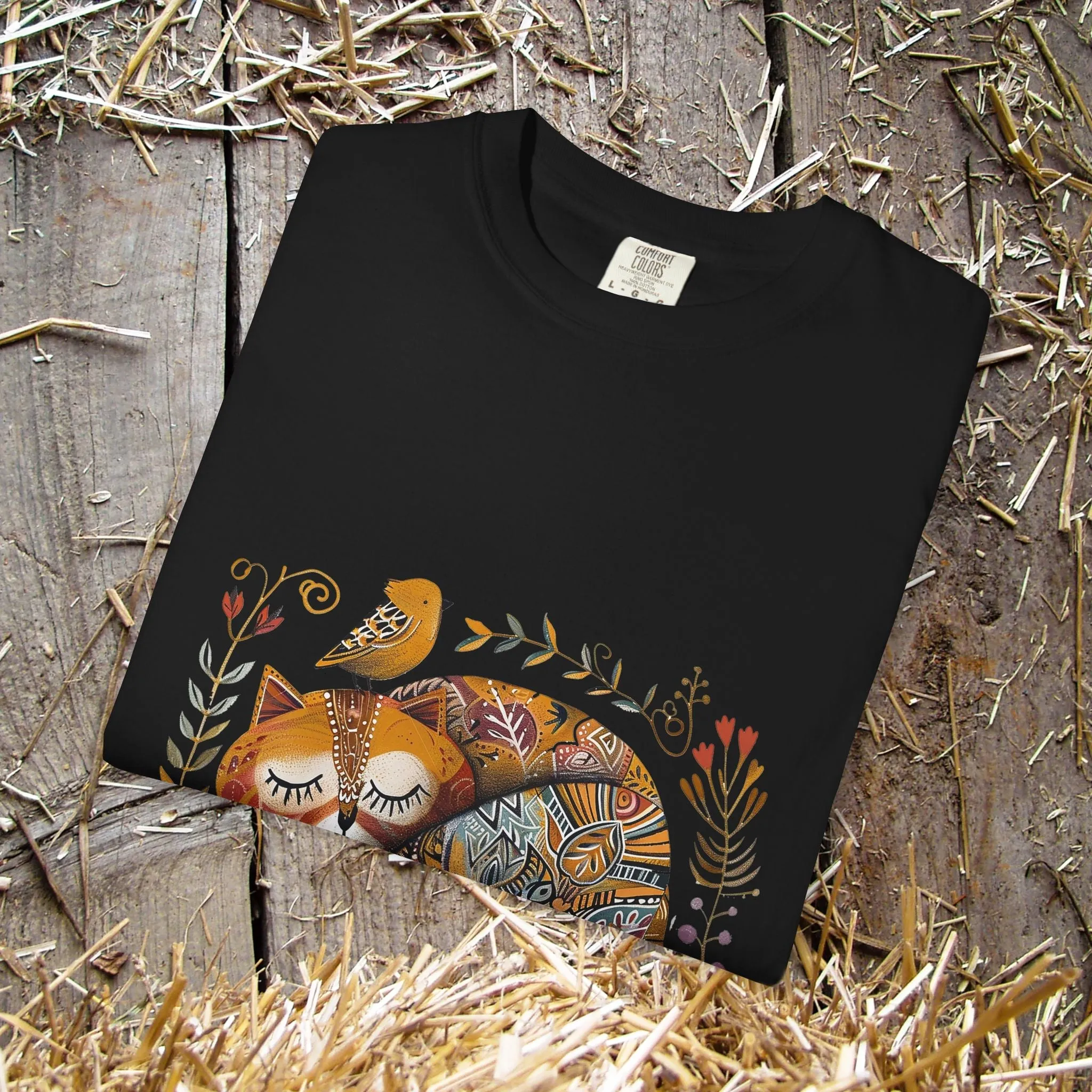 Scandinavian Folk Art Cat & Bird T-Shirt - Comfort Colors Tee, Soft Comfy Shirt