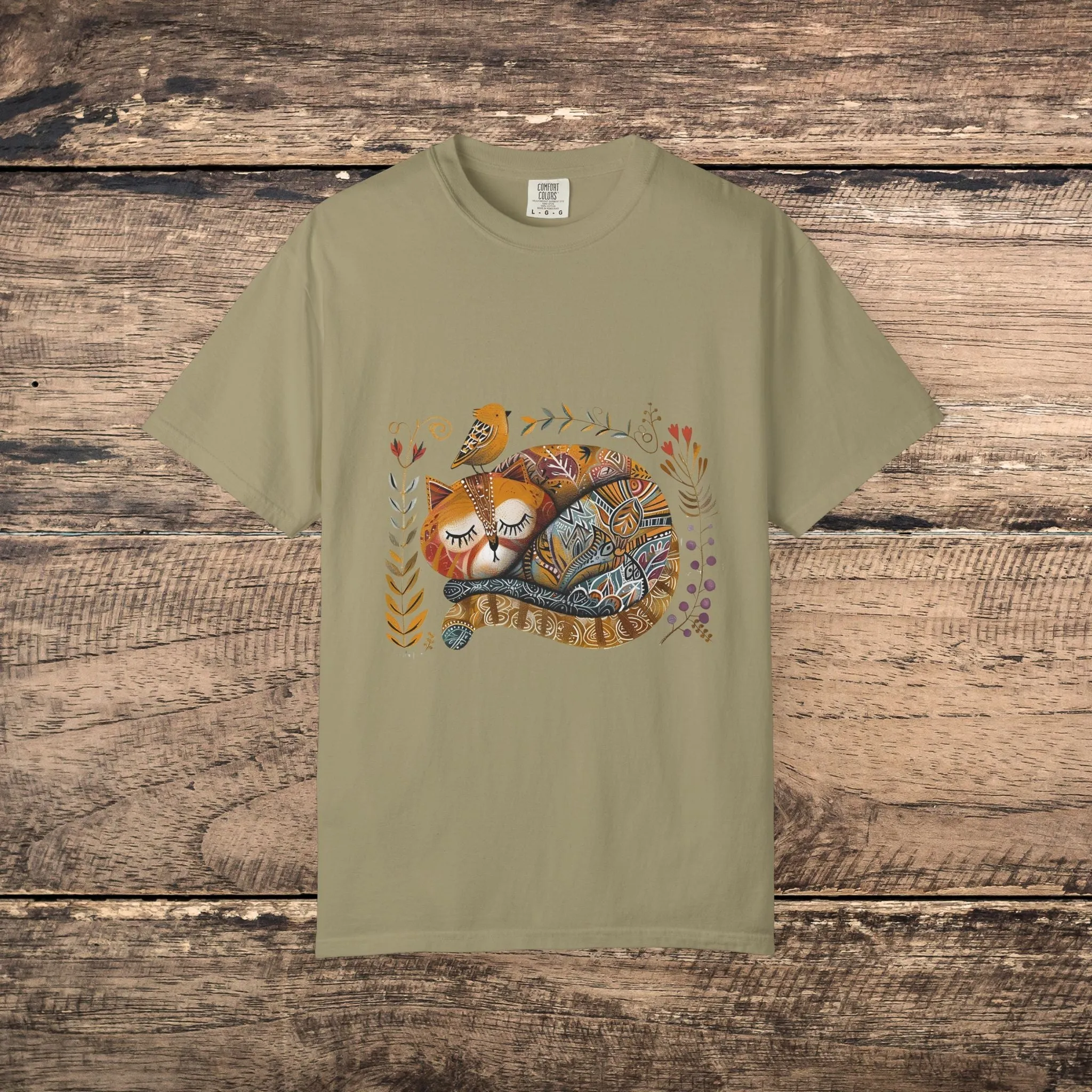 Scandinavian Folk Art Cat & Bird T-Shirt - Comfort Colors Tee, Soft Comfy Shirt