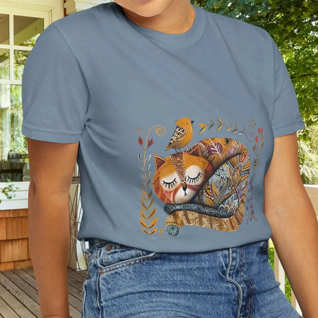 Scandinavian Folk Art Cat & Bird T-Shirt - Comfort Colors Tee, Soft Comfy Shirt