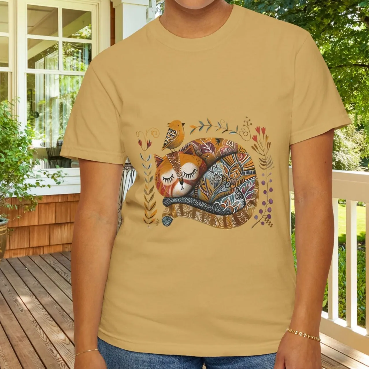 Scandinavian Folk Art Cat & Bird T-Shirt - Comfort Colors Tee, Soft Comfy Shirt