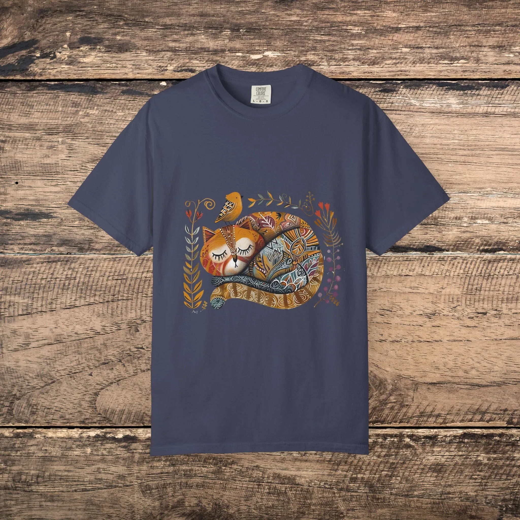 Scandinavian Folk Art Cat & Bird T-Shirt - Comfort Colors Tee, Soft Comfy Shirt