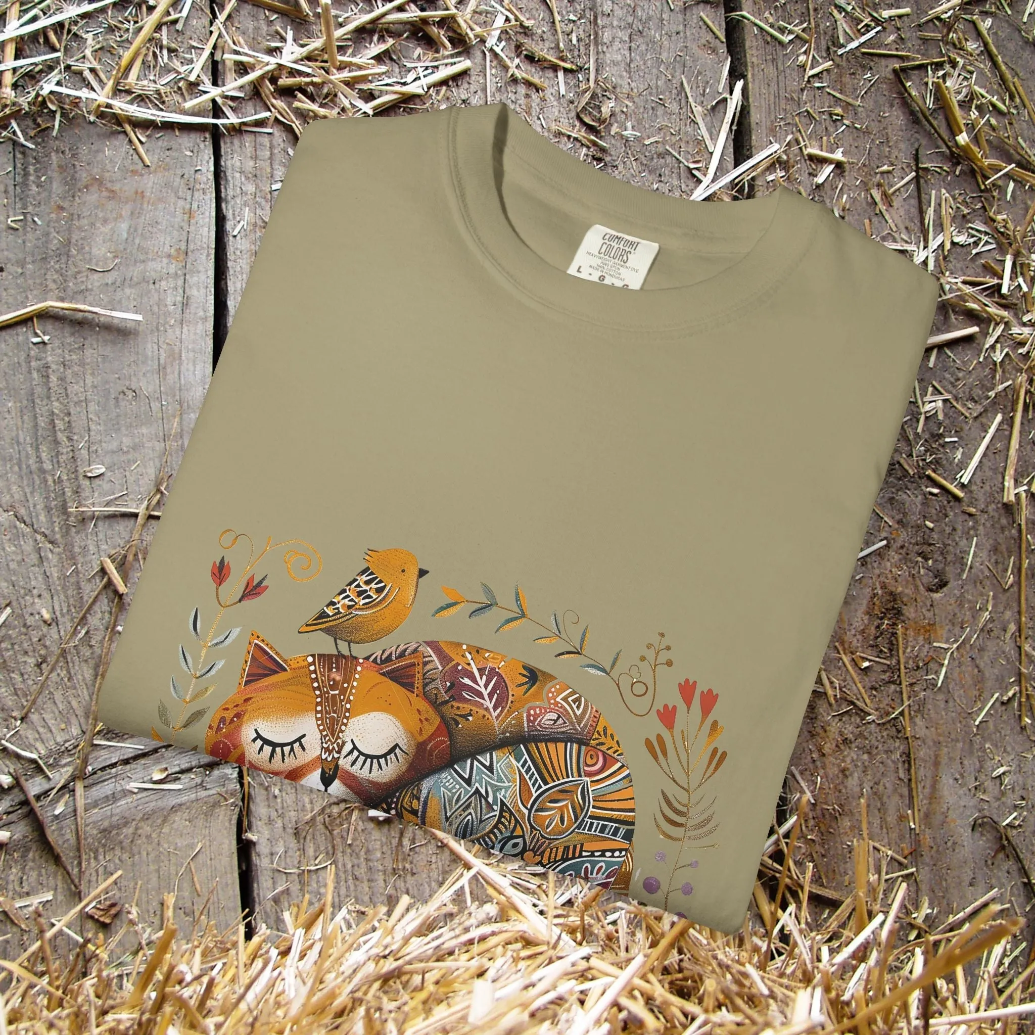 Scandinavian Folk Art Cat & Bird T-Shirt - Comfort Colors Tee, Soft Comfy Shirt