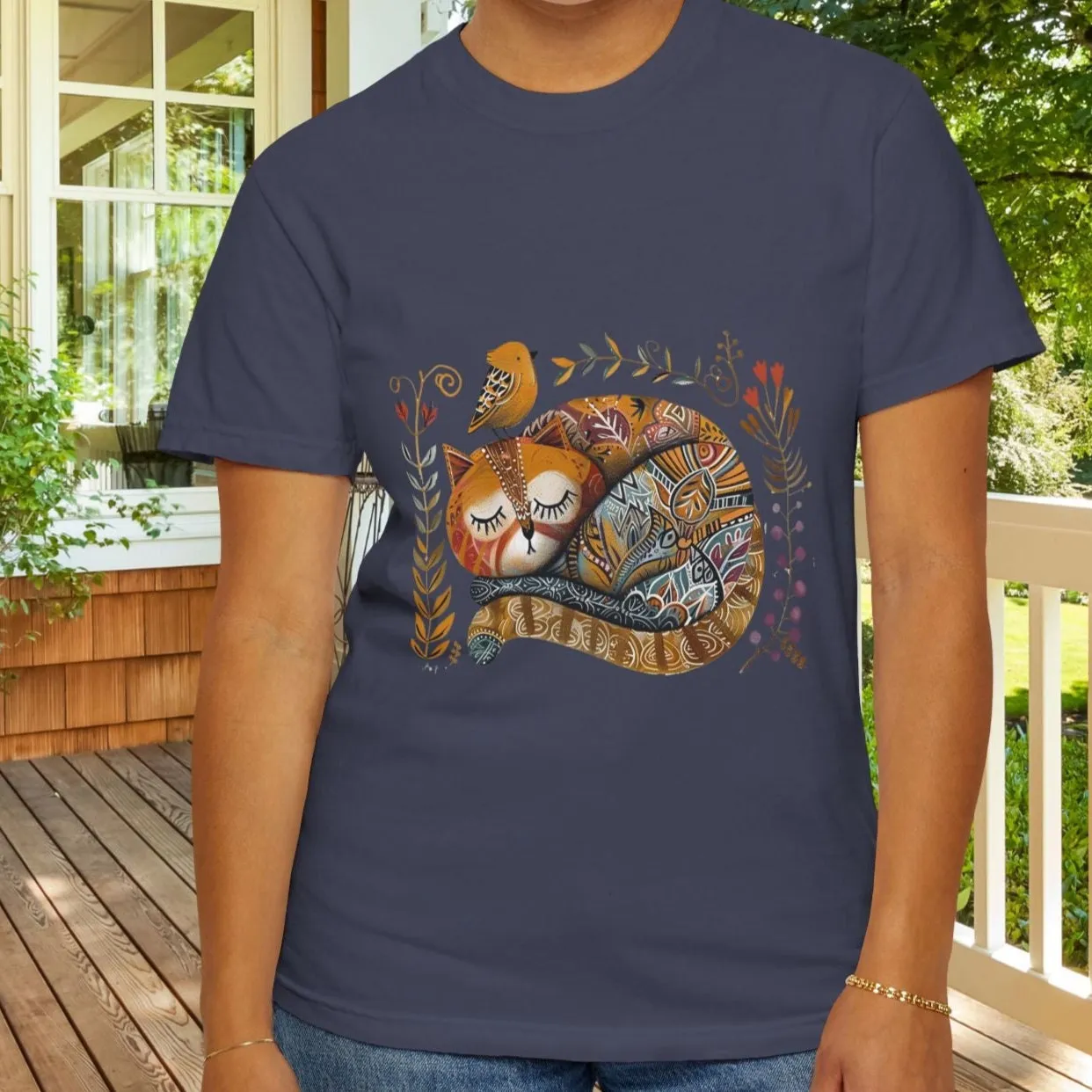 Scandinavian Folk Art Cat & Bird T-Shirt - Comfort Colors Tee, Soft Comfy Shirt
