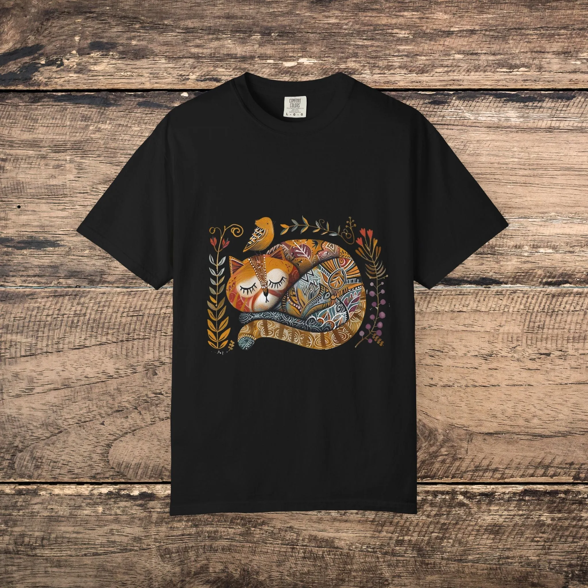 Scandinavian Folk Art Cat & Bird T-Shirt - Comfort Colors Tee, Soft Comfy Shirt
