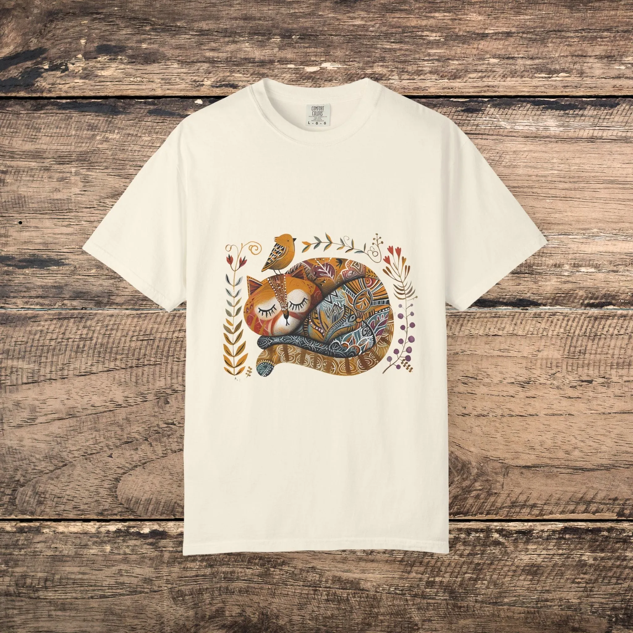 Scandinavian Folk Art Cat & Bird T-Shirt - Comfort Colors Tee, Soft Comfy Shirt