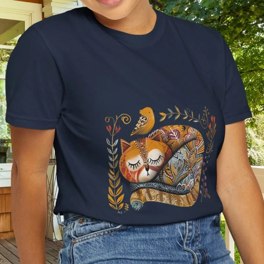 Scandinavian Folk Art Cat & Bird T-Shirt - Comfort Colors Tee, Soft Comfy Shirt
