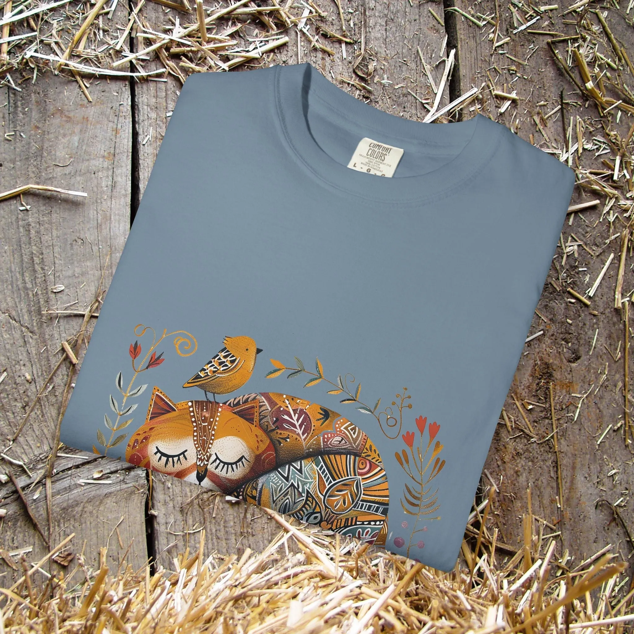 Scandinavian Folk Art Cat & Bird T-Shirt - Comfort Colors Tee, Soft Comfy Shirt