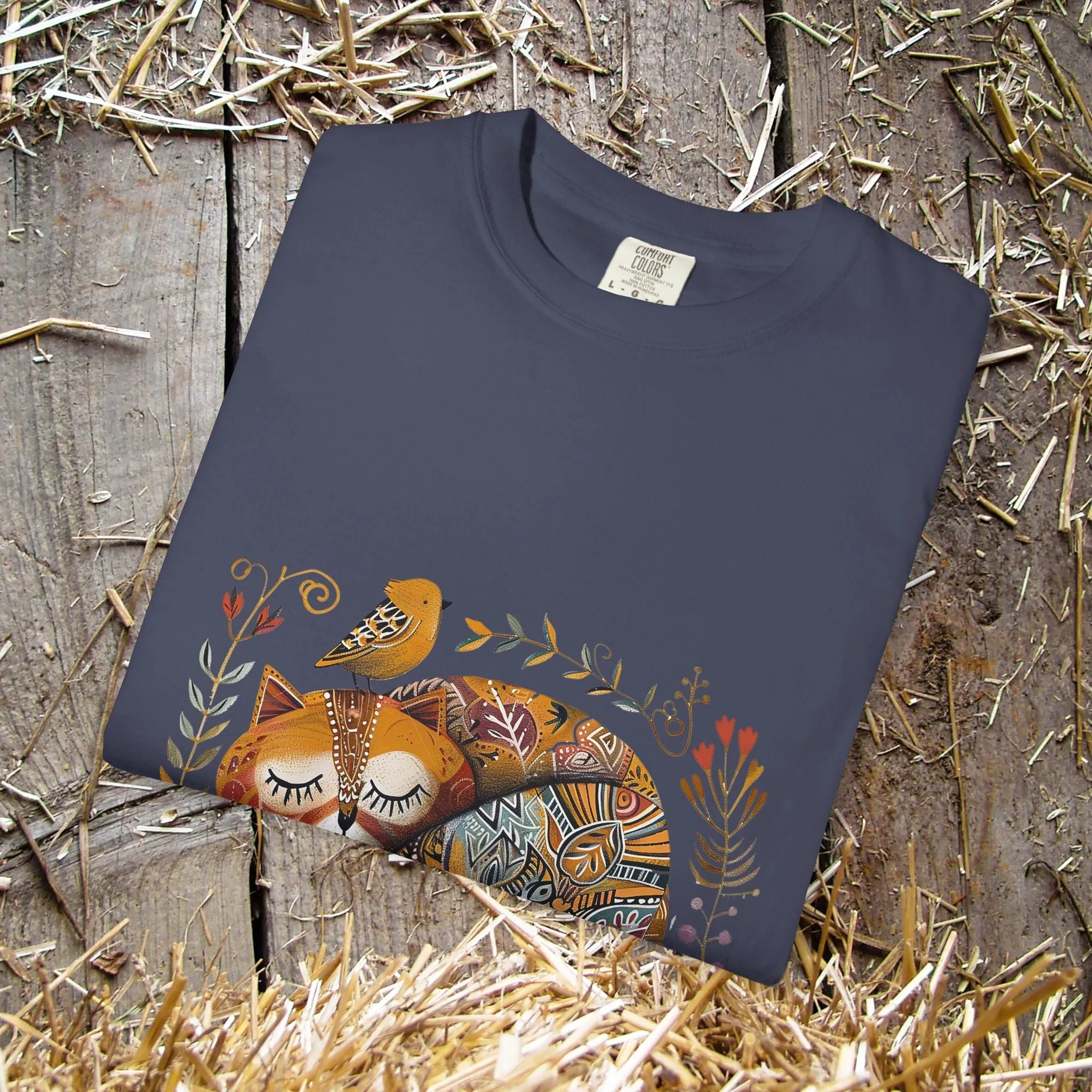 Scandinavian Folk Art Cat & Bird T-Shirt - Comfort Colors Tee, Soft Comfy Shirt