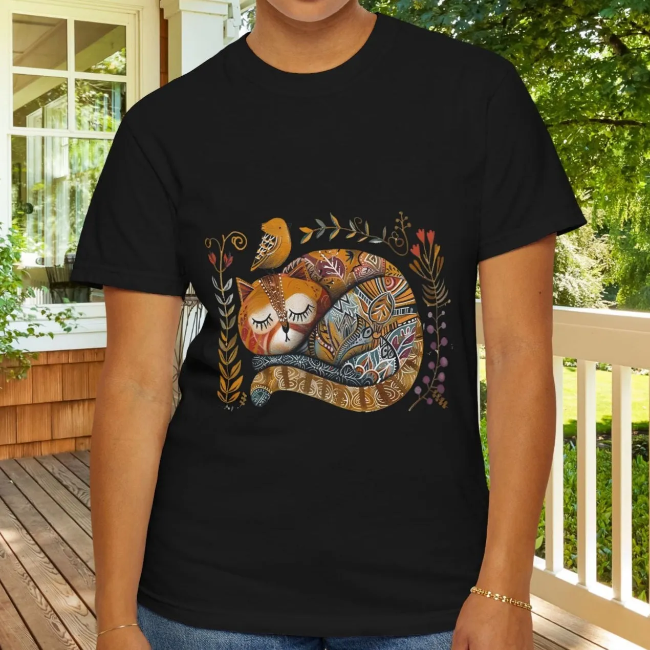 Scandinavian Folk Art Cat & Bird T-Shirt - Comfort Colors Tee, Soft Comfy Shirt