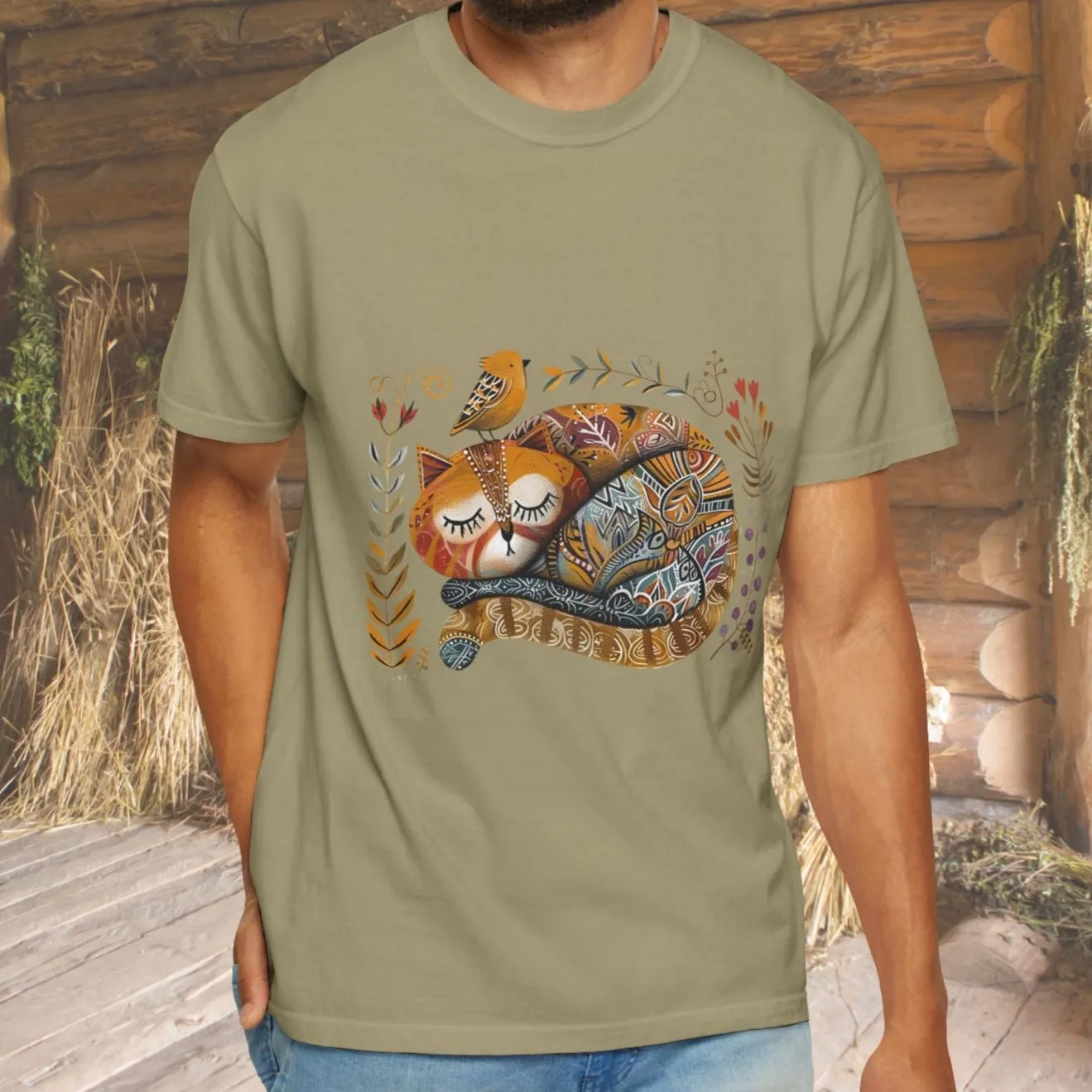 Scandinavian Folk Art Cat & Bird T-Shirt - Comfort Colors Tee, Soft Comfy Shirt