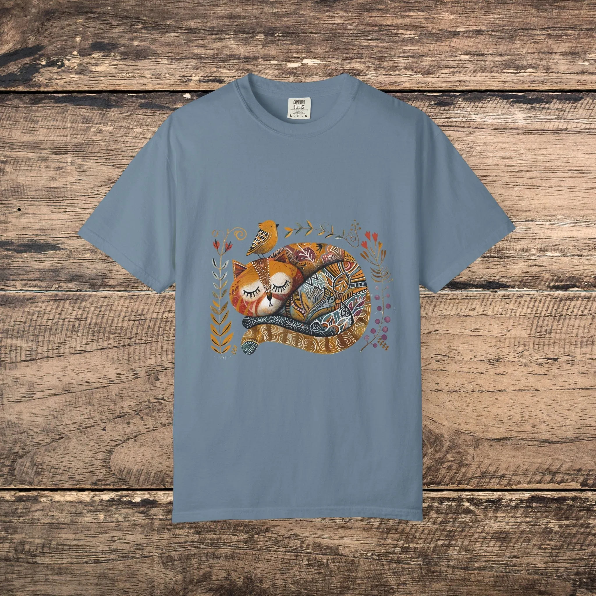 Scandinavian Folk Art Cat & Bird T-Shirt - Comfort Colors Tee, Soft Comfy Shirt
