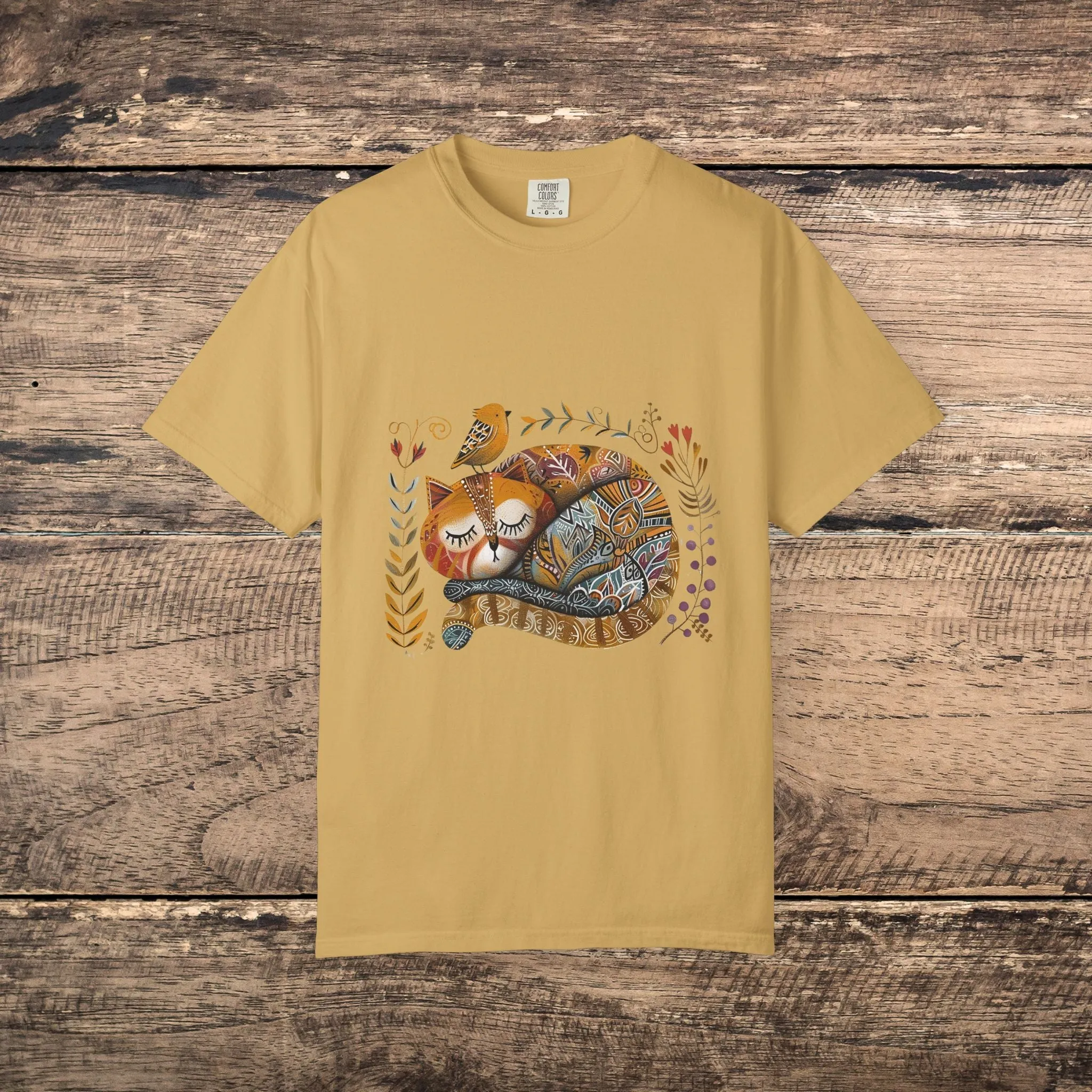 Scandinavian Folk Art Cat & Bird T-Shirt - Comfort Colors Tee, Soft Comfy Shirt