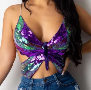 Sequin Purple Green Butterfly Halter Top
