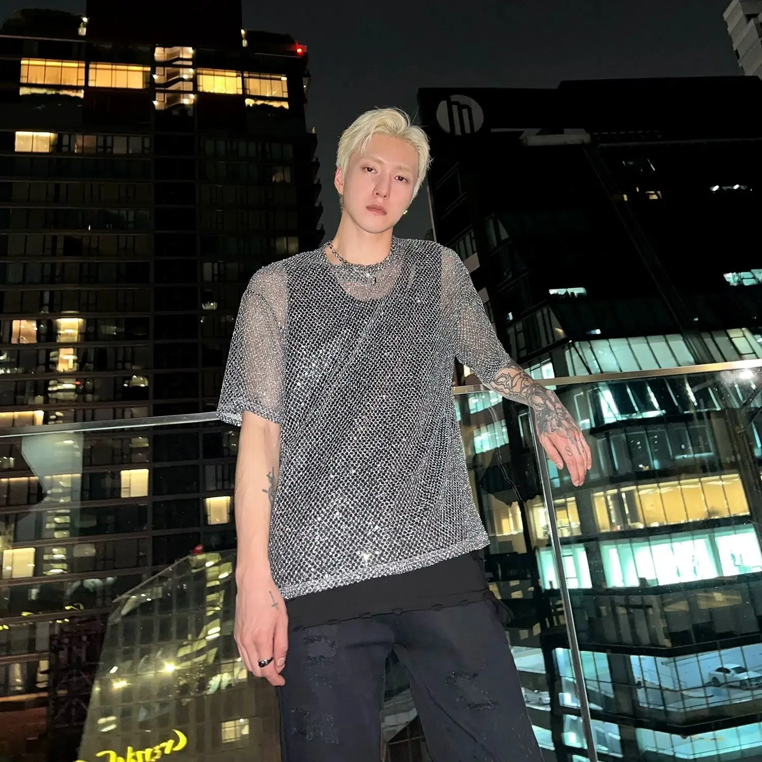 Sequined Mesh T-shirt & Tank Top