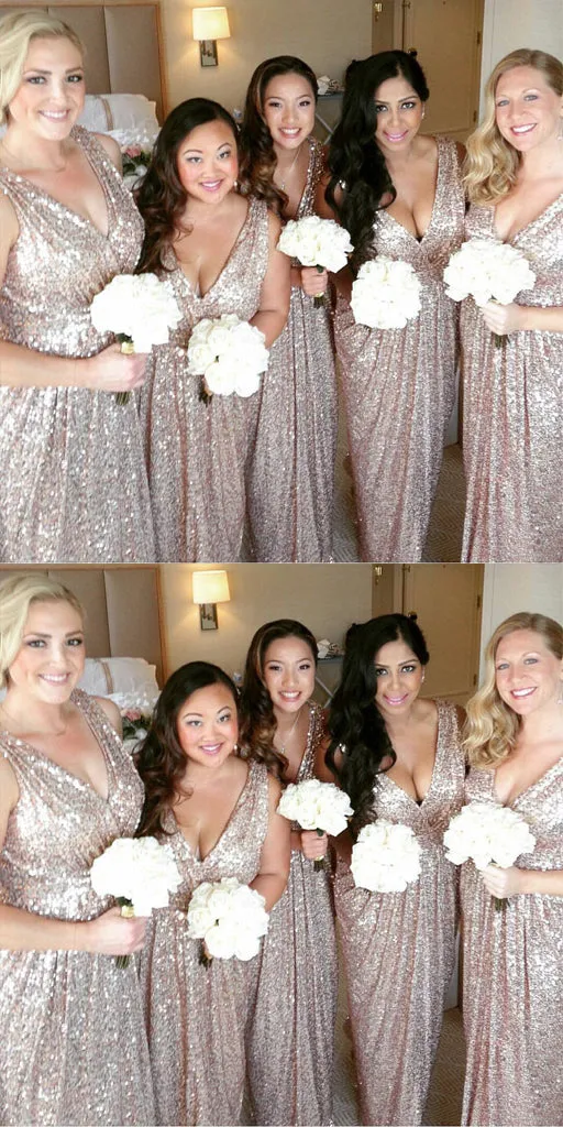 Shinning Sequined V-Neck Long Bridesmaid Dresses,Cheap Bridesmaid Dresses,WGY0355