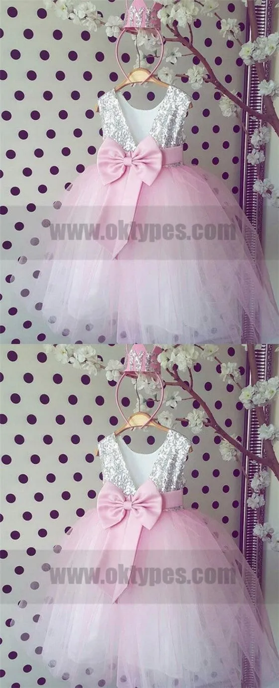 Silver Sequined Pink Tulle Flower Girl Dresses, Cute Flower Girl Dresses, TYP0768