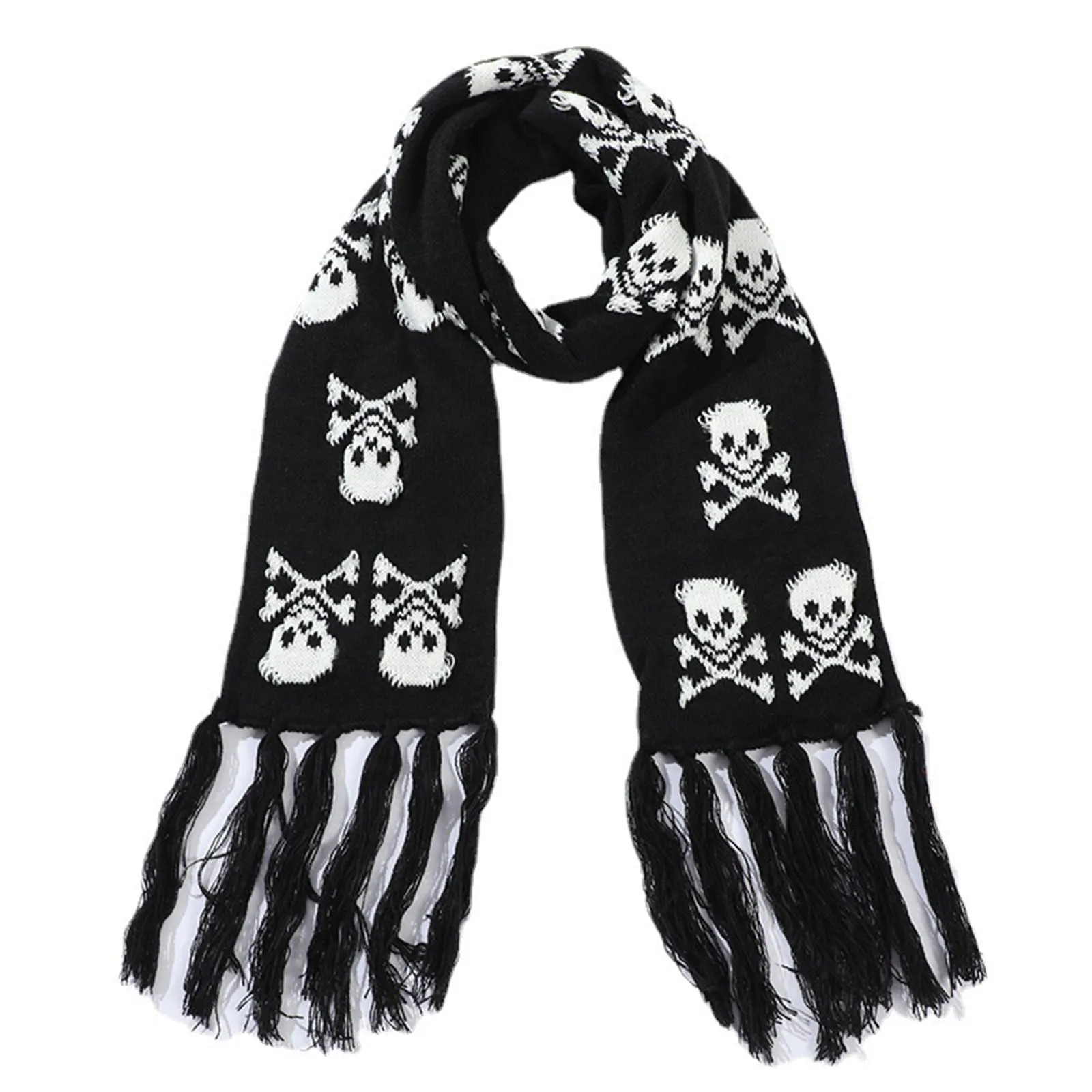SKULL PRINTED JACQUARD TASSEL KNITTED SCARF