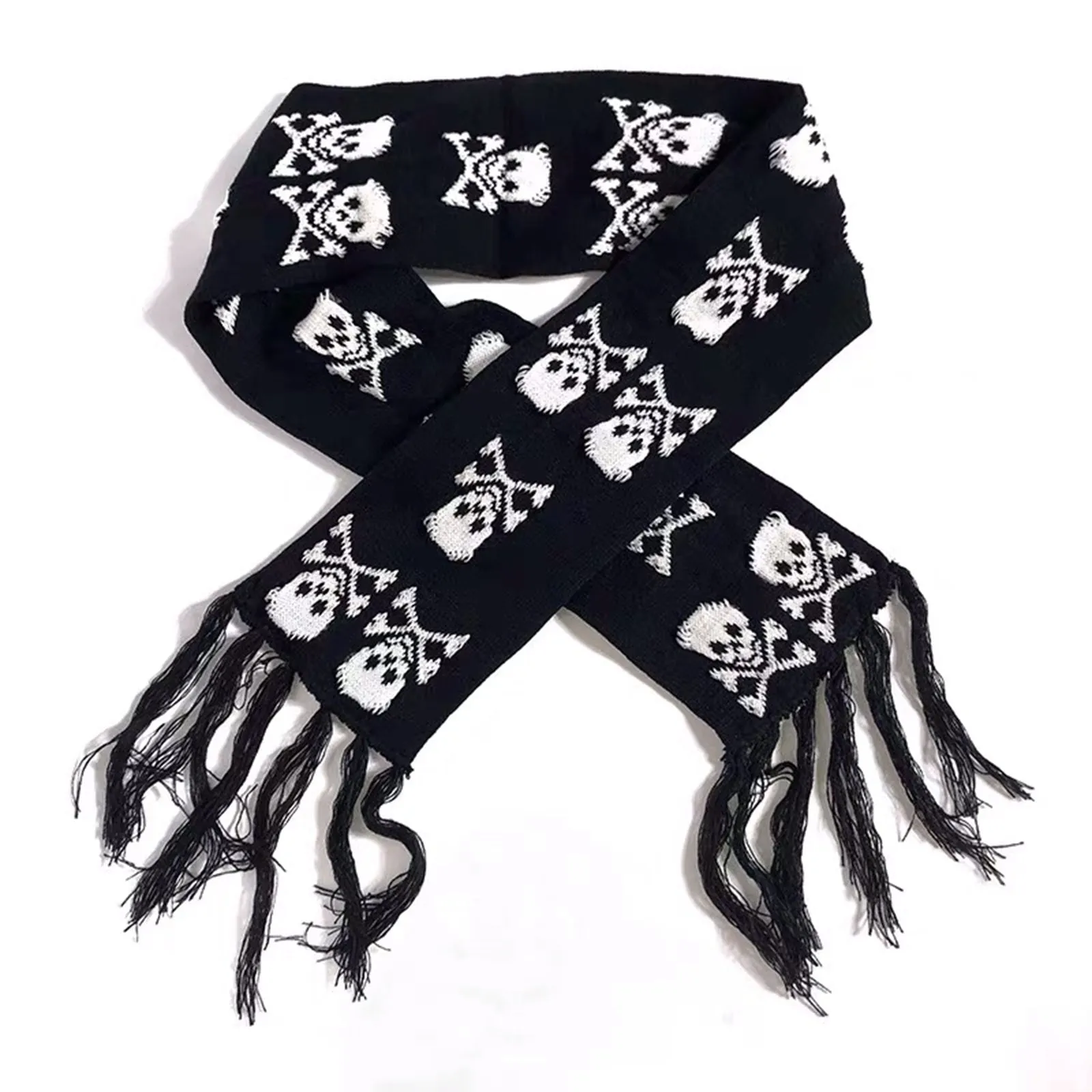 SKULL PRINTED JACQUARD TASSEL KNITTED SCARF