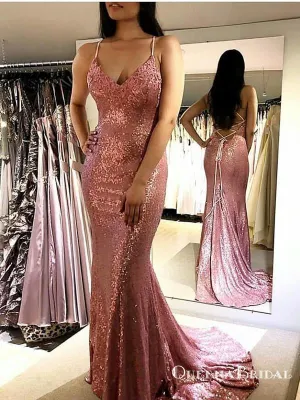 Sparkle Sequined Pink Mermaid Long Cheap Evening Prom Dresses, QB0665