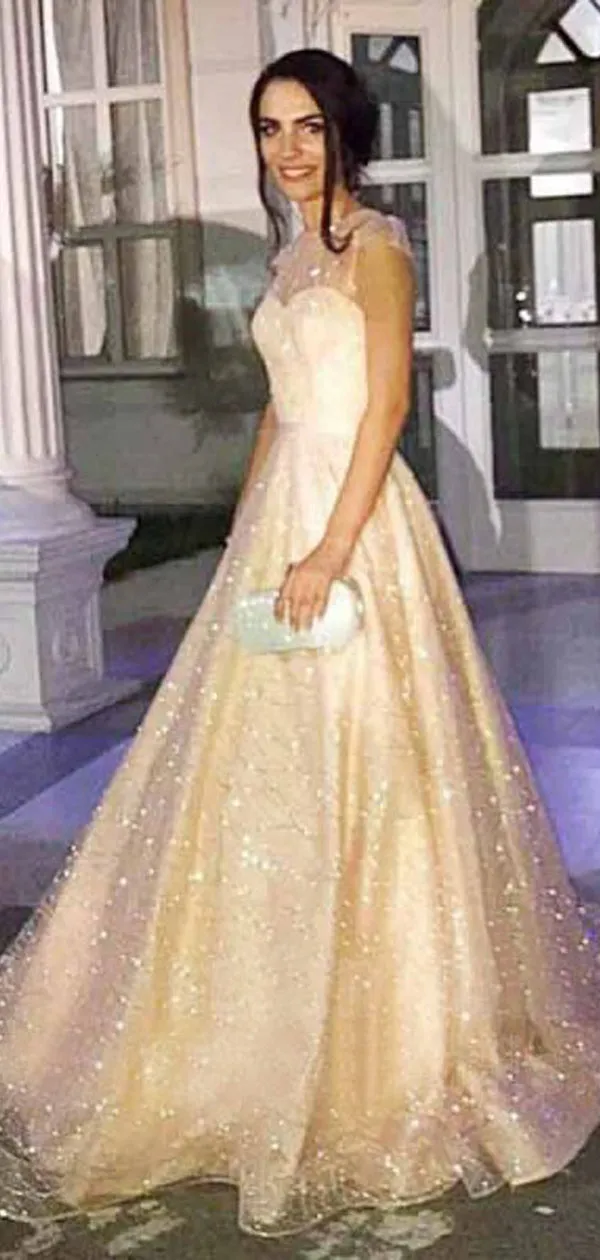 Sparkly Sequined Tulle Satin Illusion Cap Sleeve Prom Dreses,PD00369