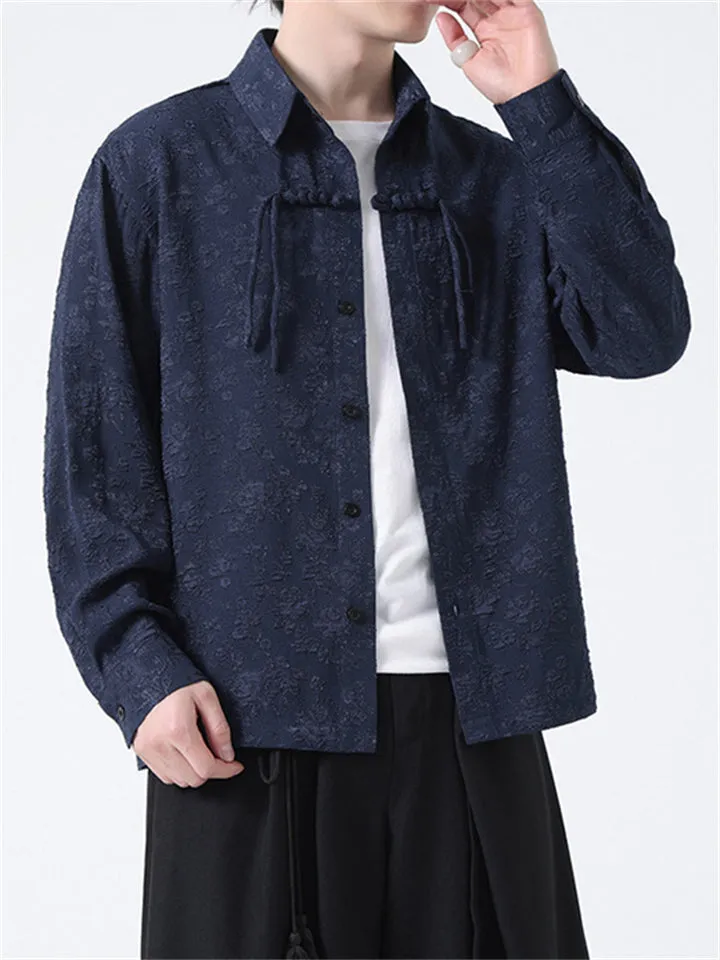 Spring Lapel Tassel Button Jacquard Shirt for Men