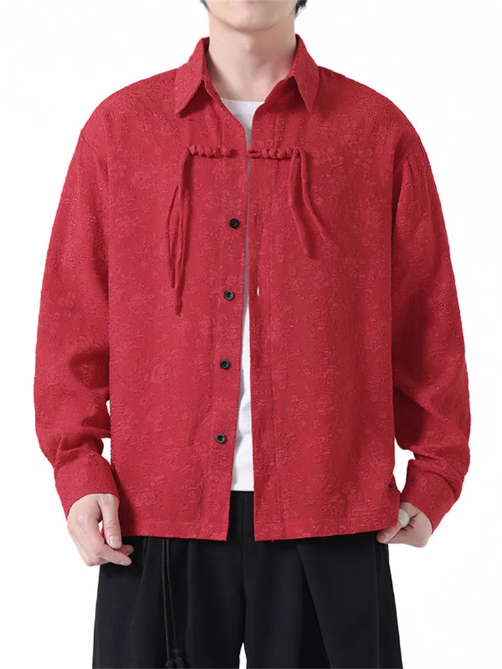 Spring Lapel Tassel Button Jacquard Shirt for Men
