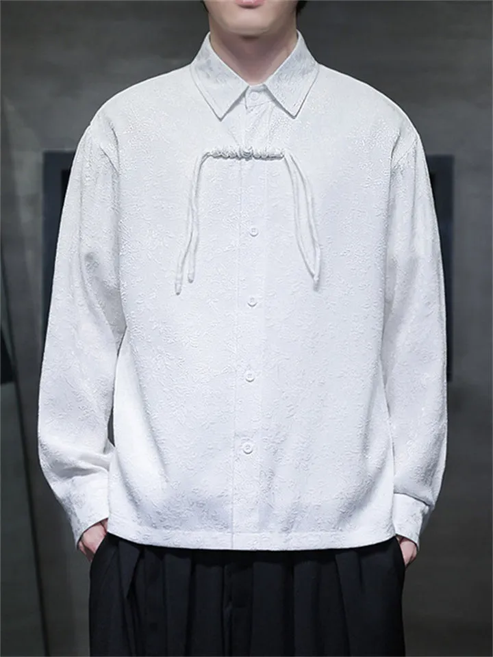 Spring Lapel Tassel Button Jacquard Shirt for Men