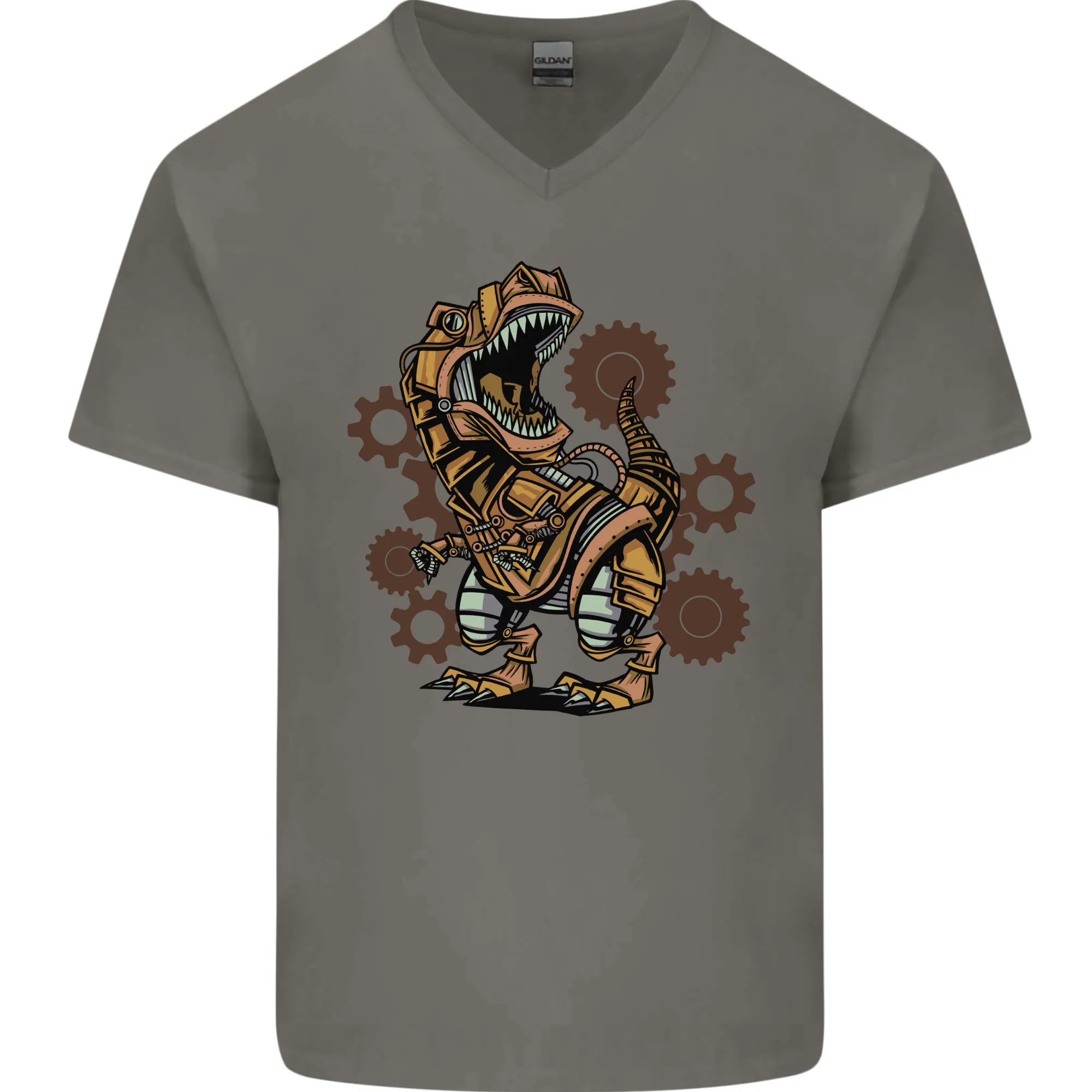 Steampunk T-Rex Dinosaur Mens V-Neck Cotton T-Shirt