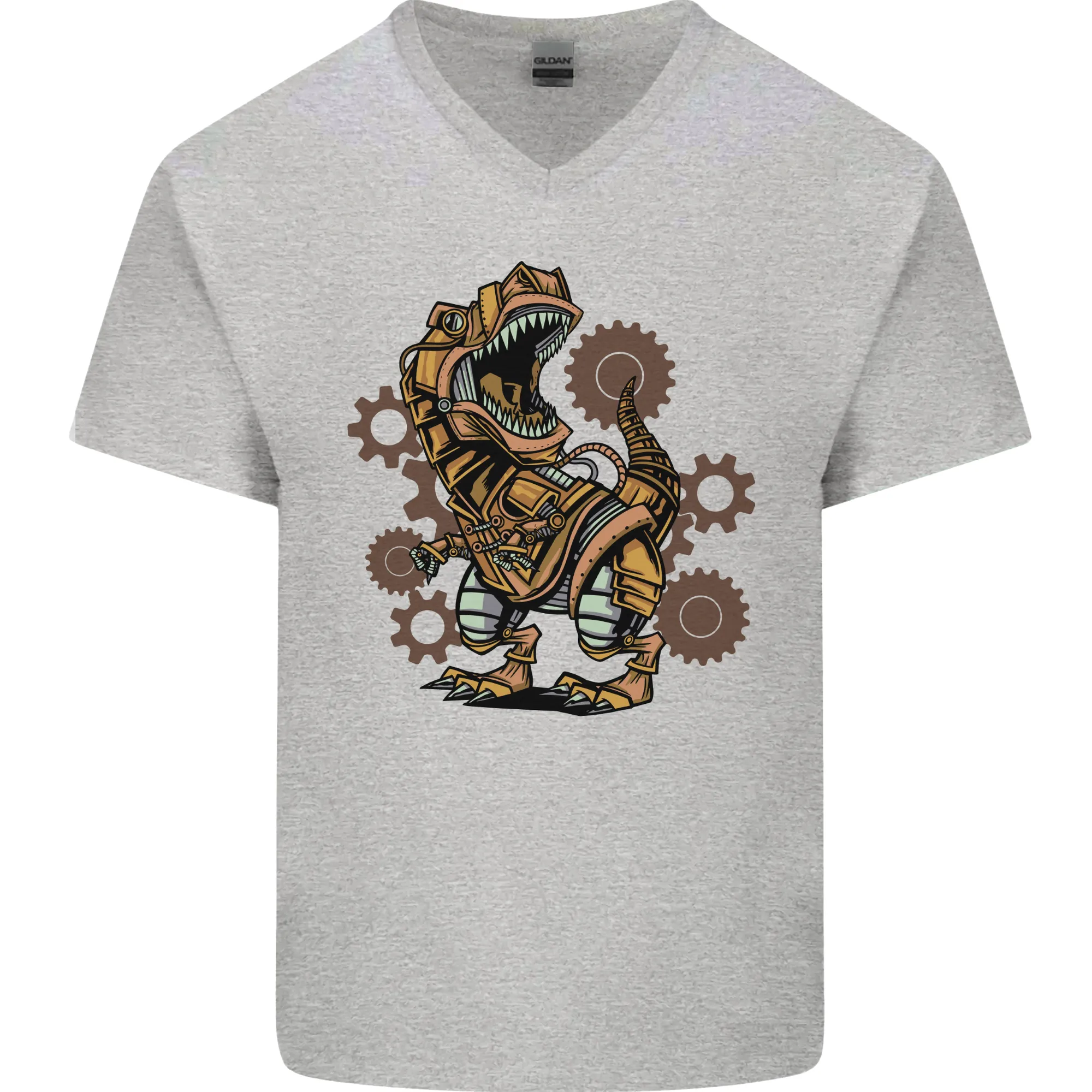 Steampunk T-Rex Dinosaur Mens V-Neck Cotton T-Shirt